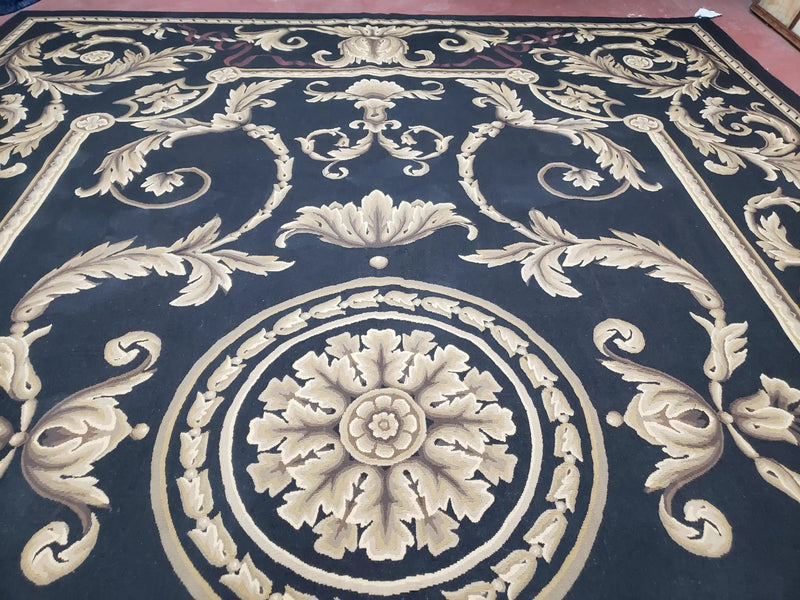Black and Tan Aubusson Rug, 10 x 14 Aubusson Carpet, New Aubusson Rug, Elegant, Wool, Handmade Area Rug, Flatweave Rug, Large Aubusson Rug by Jewel Rugs