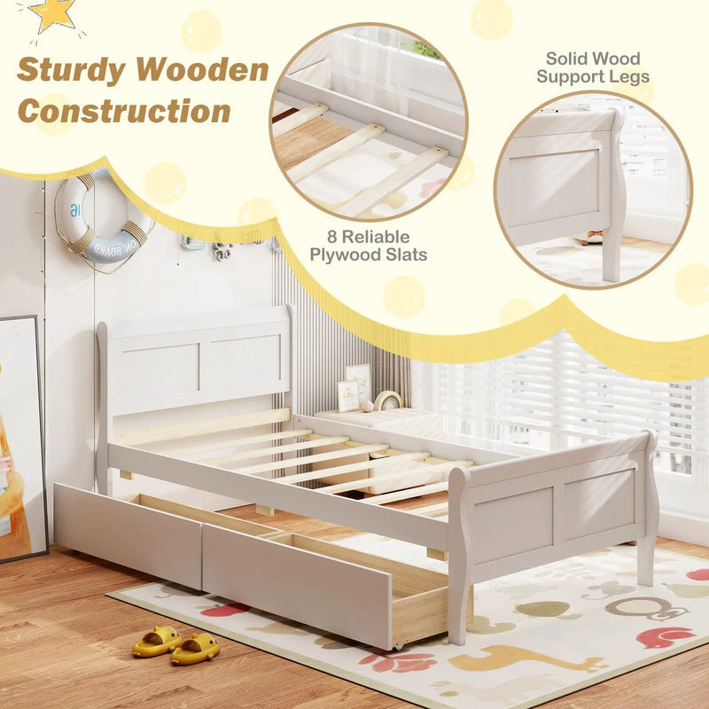 Twin Size Sleigh Bed with 2 Storage Drawers Wood Platform Bed Frame by DirectDeals