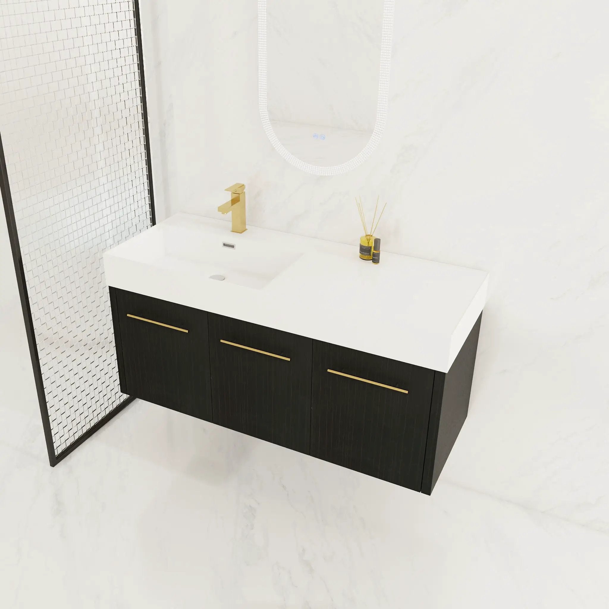 Contemporary 48" Wall Mounted Bathroom Vanity With Resin Sink And Soft Closing Doors And Line - Black Chestnut by Unique Piece Furniture