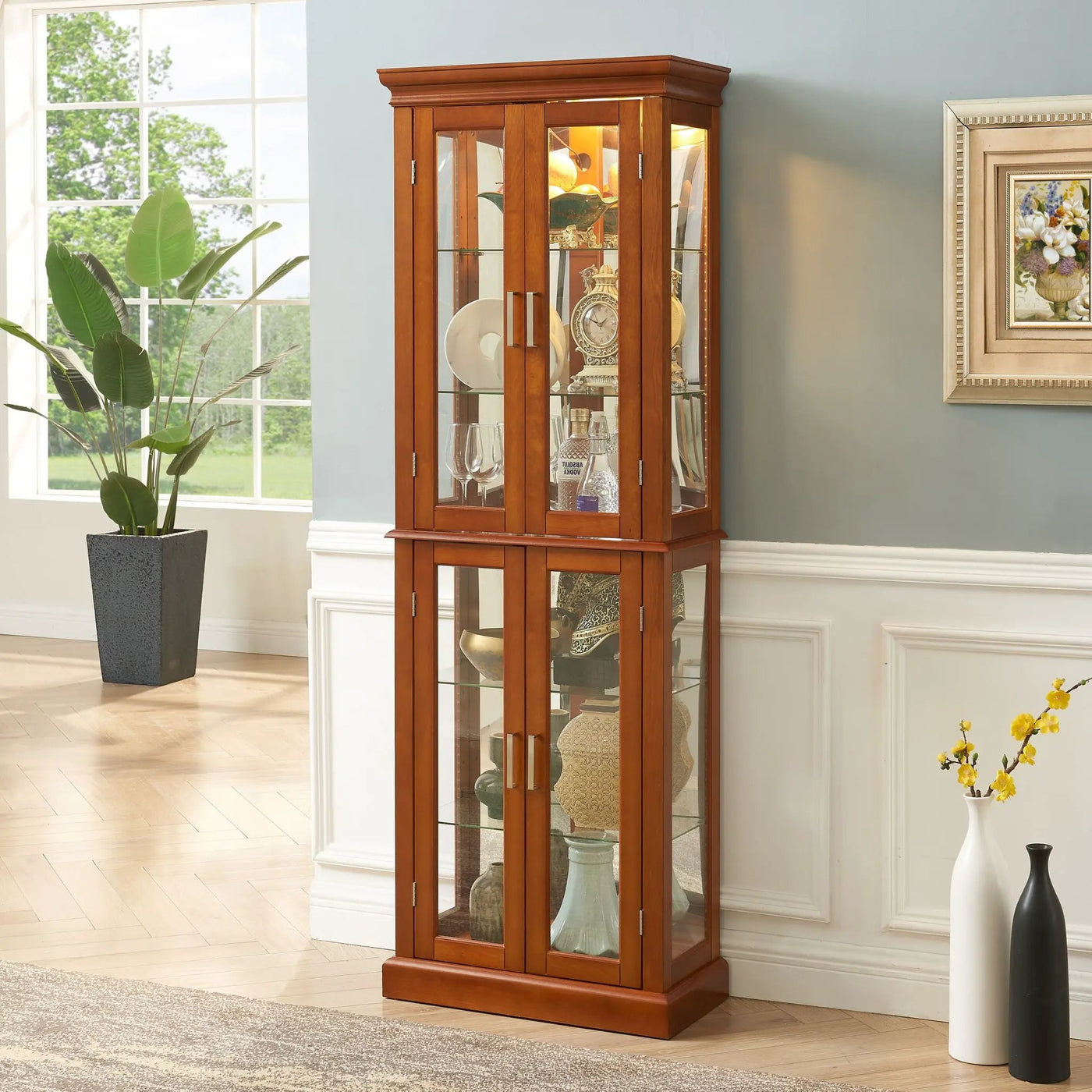 Curio Cabinet Lighted Curio Diapaly Cabinet With Adjustable Shelves And Mirrored Back Panel, Tempered Glass Doors (6 Tier), (E26 Light Bulb Not Included) by Unique Piece Furniture