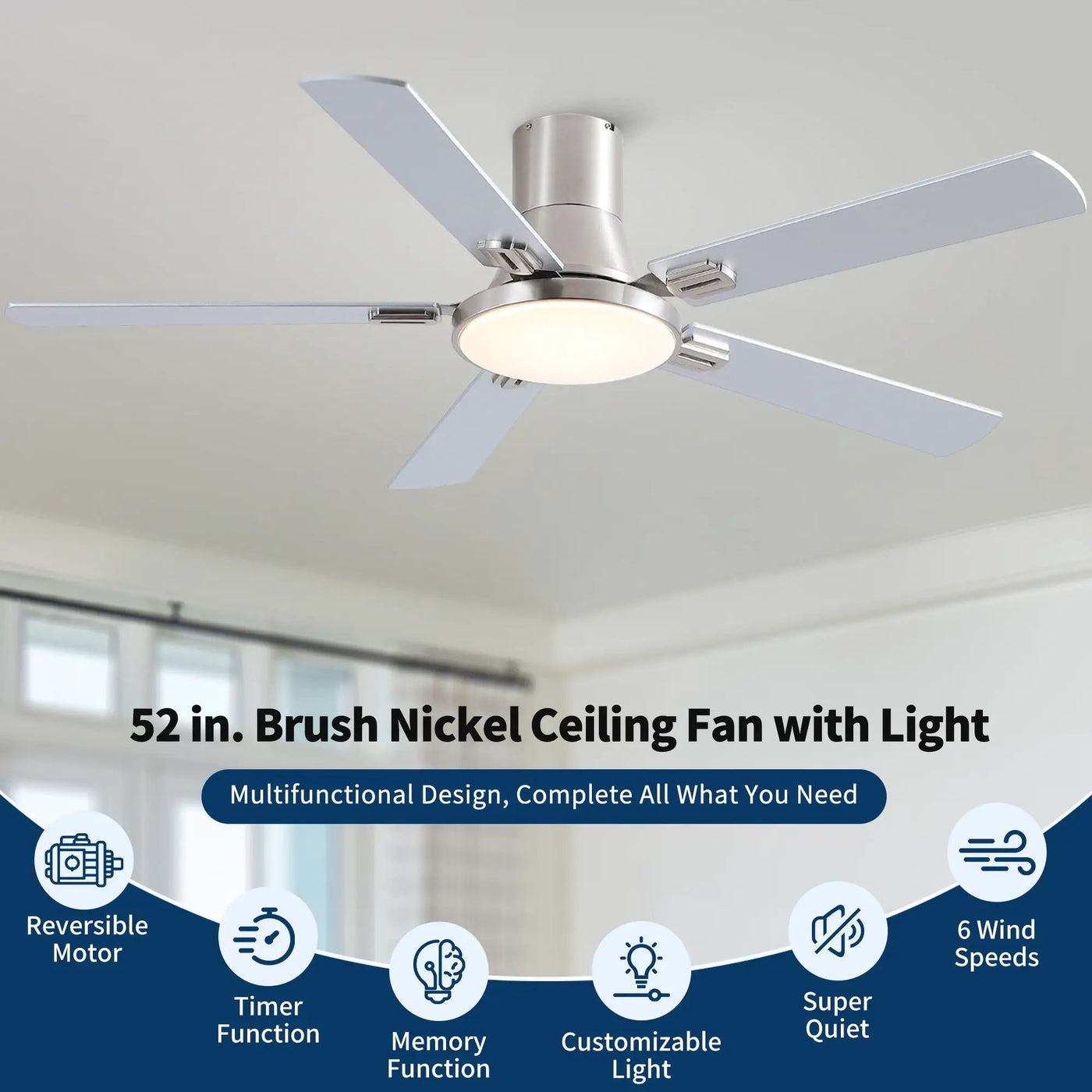 Flush Mount Ceiling Fans With LED Light And Remote Control, 5 Blades by HouseOfZazla