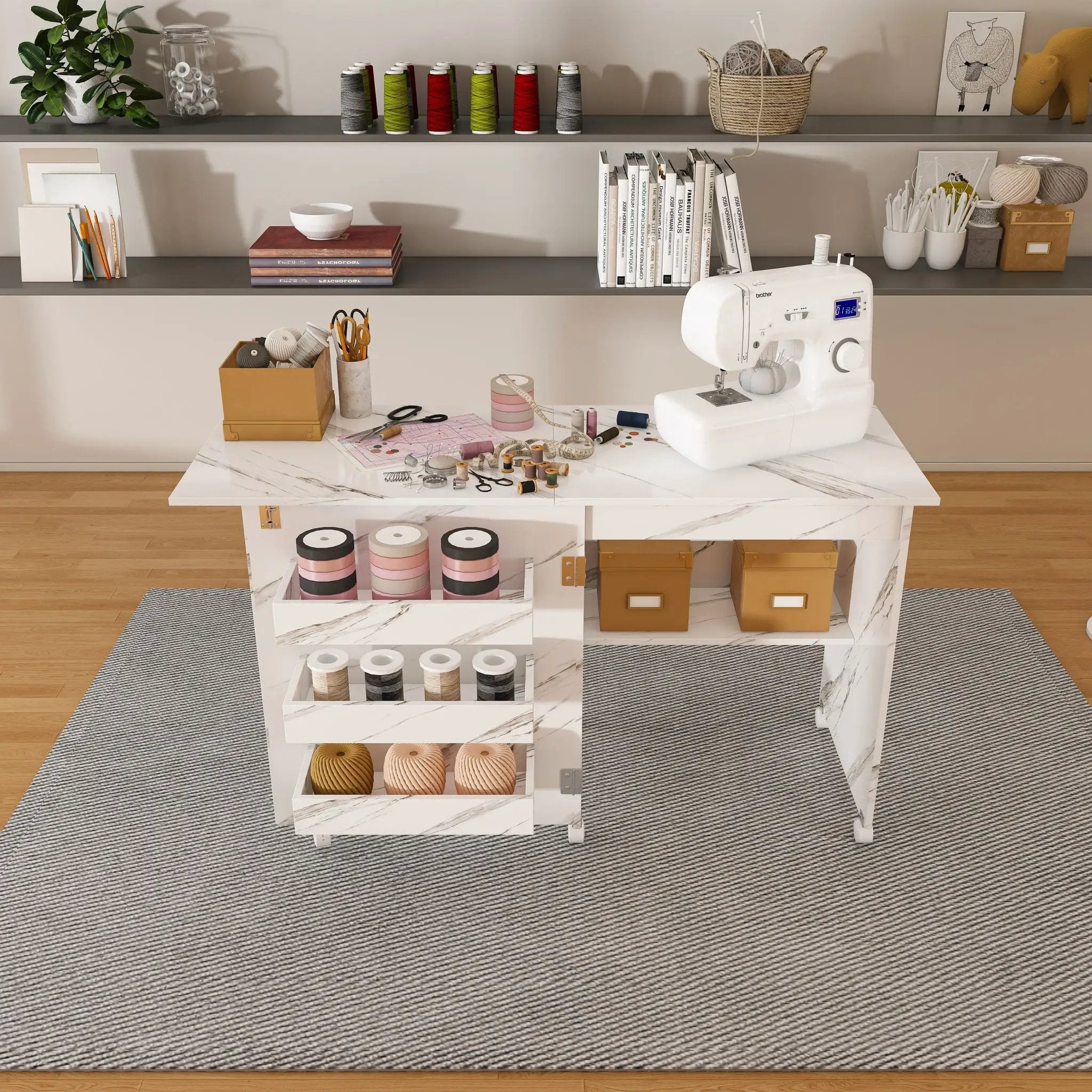 4 In 1 Folding Sewing Table With Lockable Wheels, Multi Functional Craft Station - White by Unique Piece Furniture