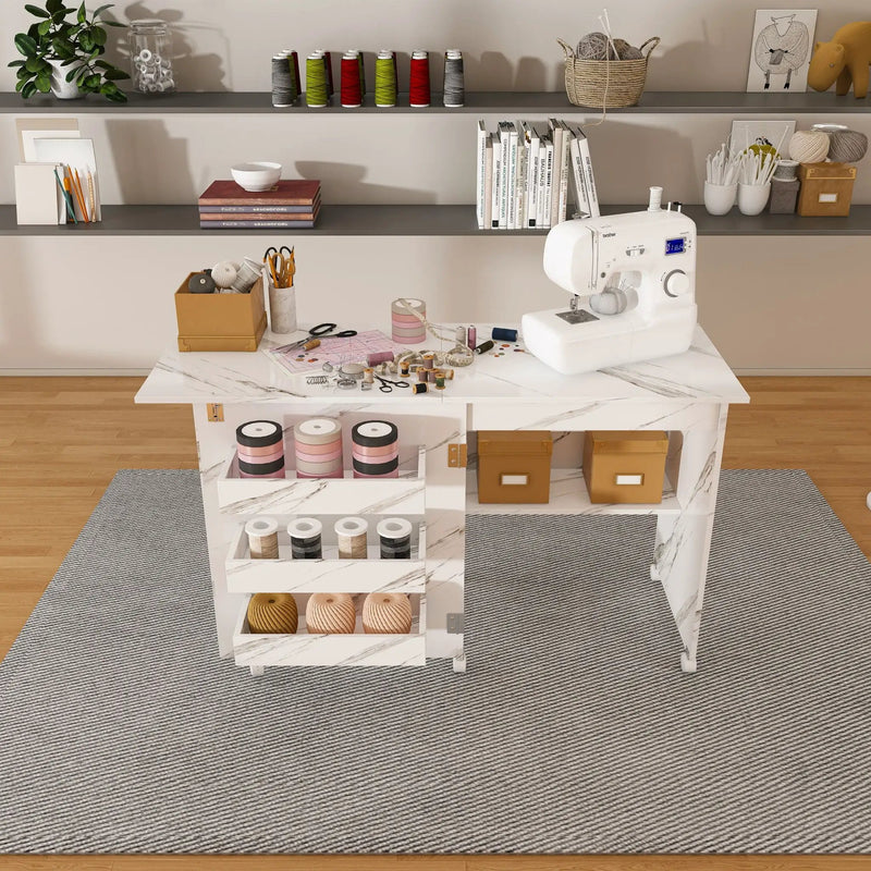 4 In 1 Folding Sewing Table With Lockable Wheels, Multi Functional Craft Station - White by Unique Piece Furniture