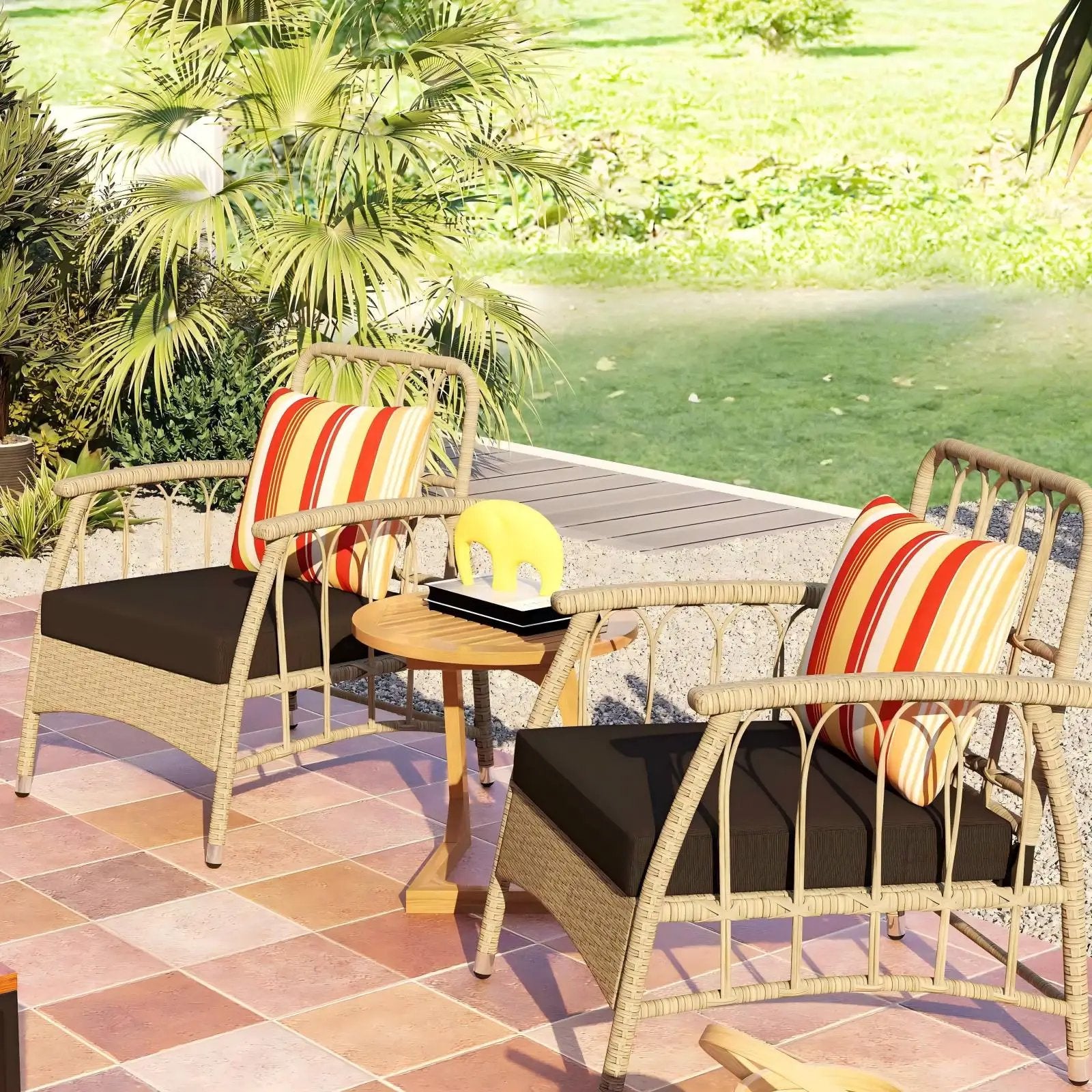 Patio Furniture Set: Patio Dining Set+Teak Wood Side Table+3 Pieces Patio Rattan Bistro Set by DirectDeals