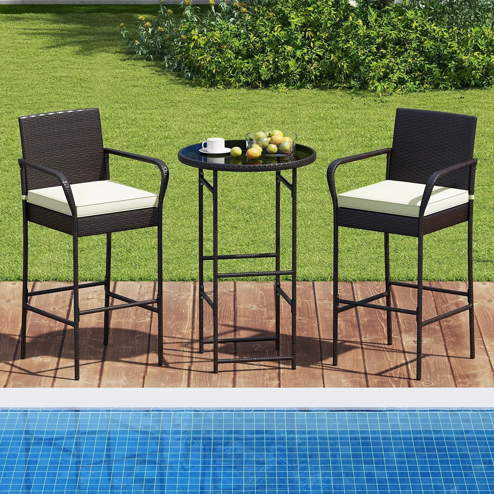 3 Piece Outdoor Bar Set with 2 Seat Cushions for Porch Yard-White by DirectDeals