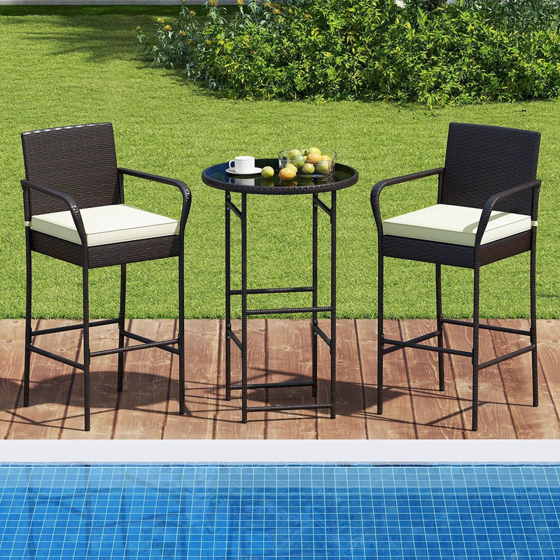 3 Piece Outdoor Bar Set with 2 Seat Cushions for Porch Yard-White by DirectDeals