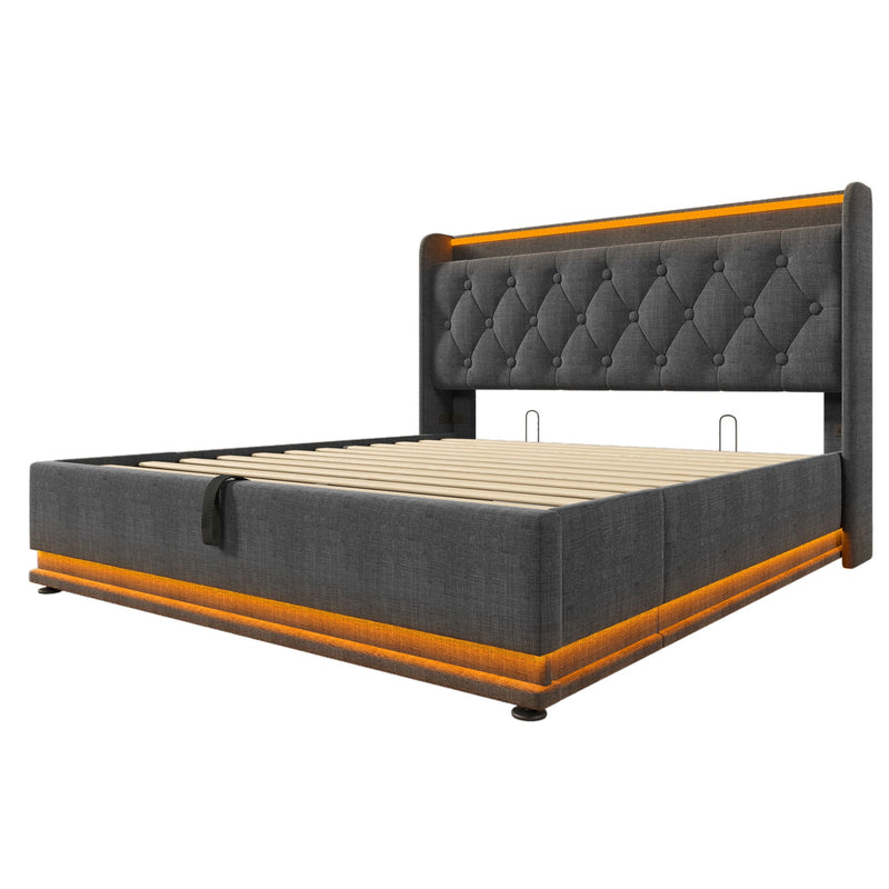 Upholstered Bed, 360 Surround LED Function, Remote Control, Hydraulic Storage Bed With USB, Type-C Charging (Without Mattress) by HouseOfZazla
