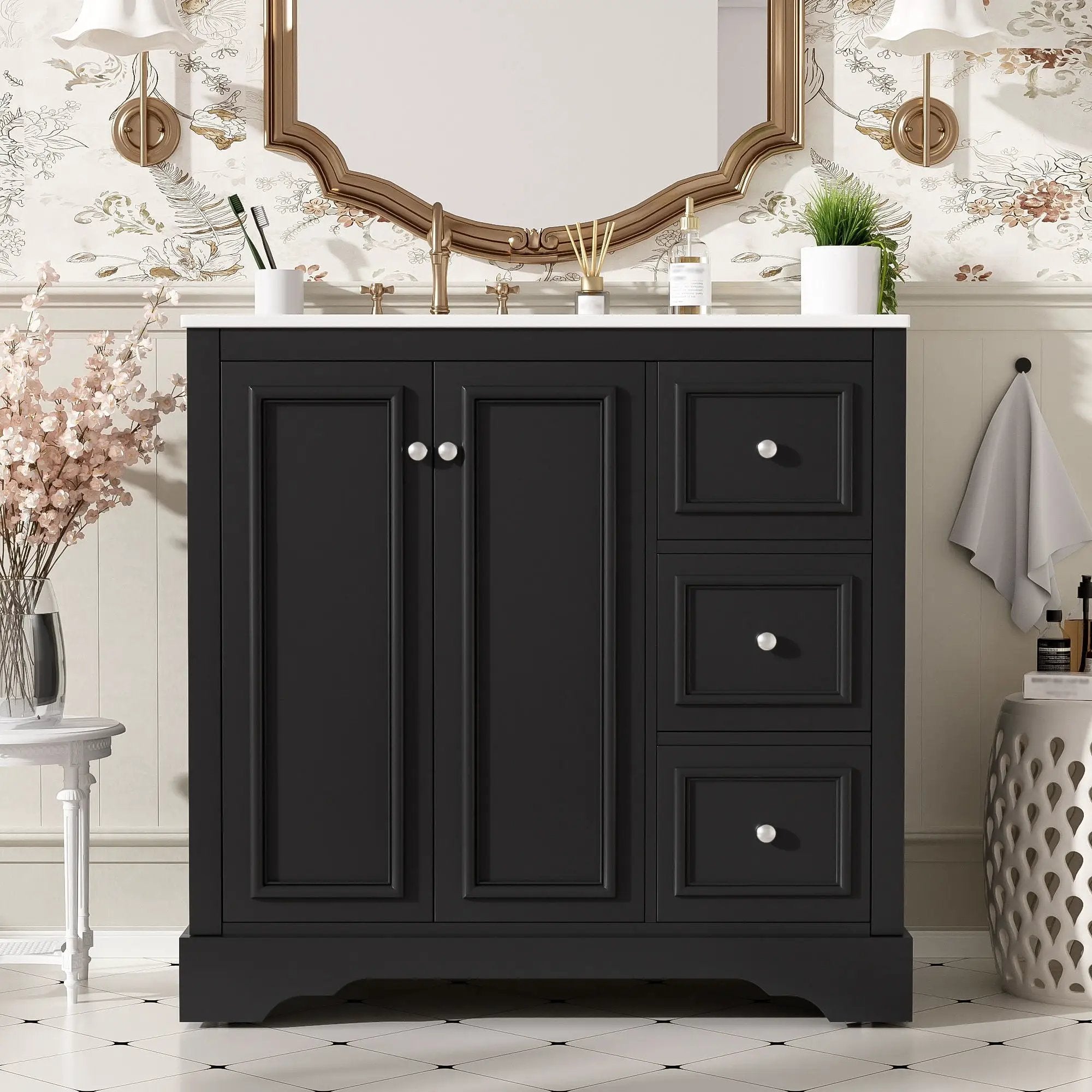Bathroom Vanity With Sink, Soft-Close Doors, Adjustable U-Shelf, 3 Drawers by Unique Piece Furniture