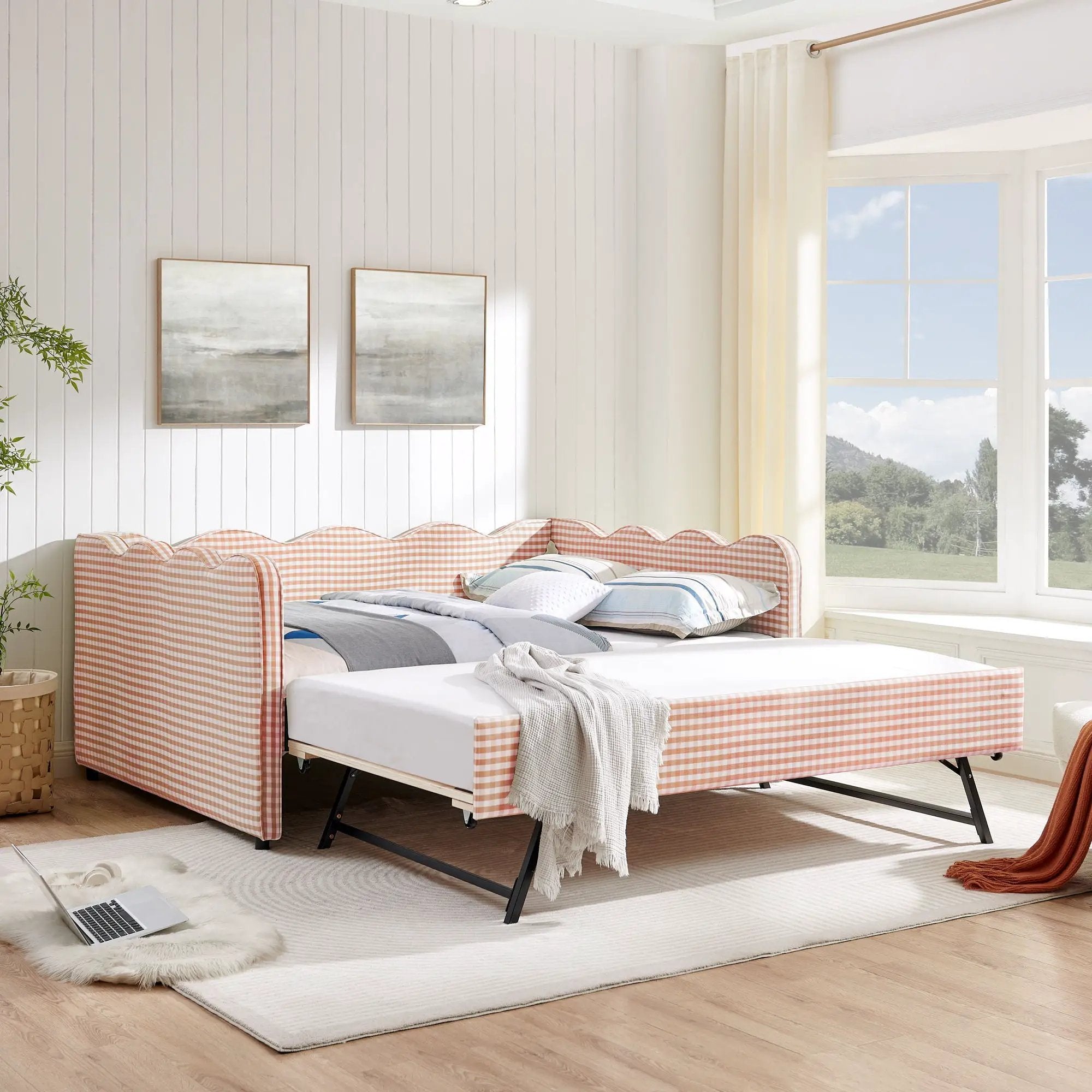Gingham Daybed With USB Charging Port, Wave-Shaped Design by Unique Piece Furniture