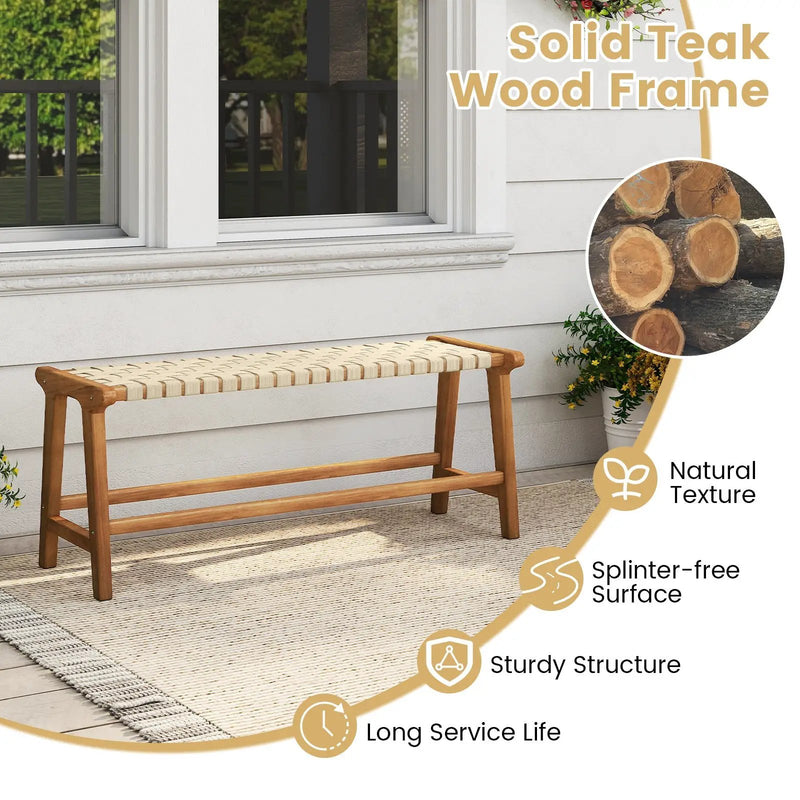 47 Inches Long Teak Wood Patio Bench with Weave Seat and Solid Wood Legs-Natural by DirectDeals