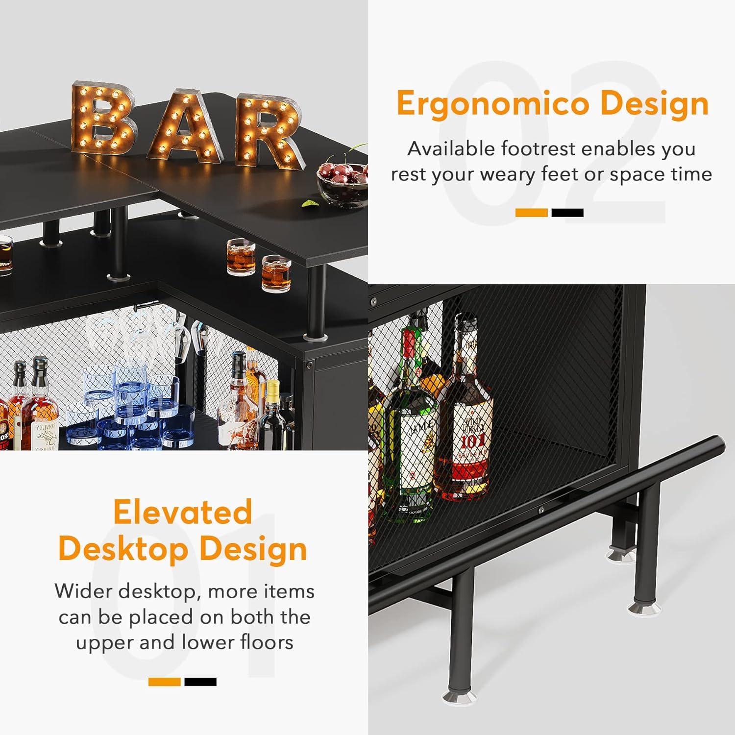 L Shaped Home Mini Bar Table With 2 Tier Shelves & Glass Racks - Black by HouseOfZazla