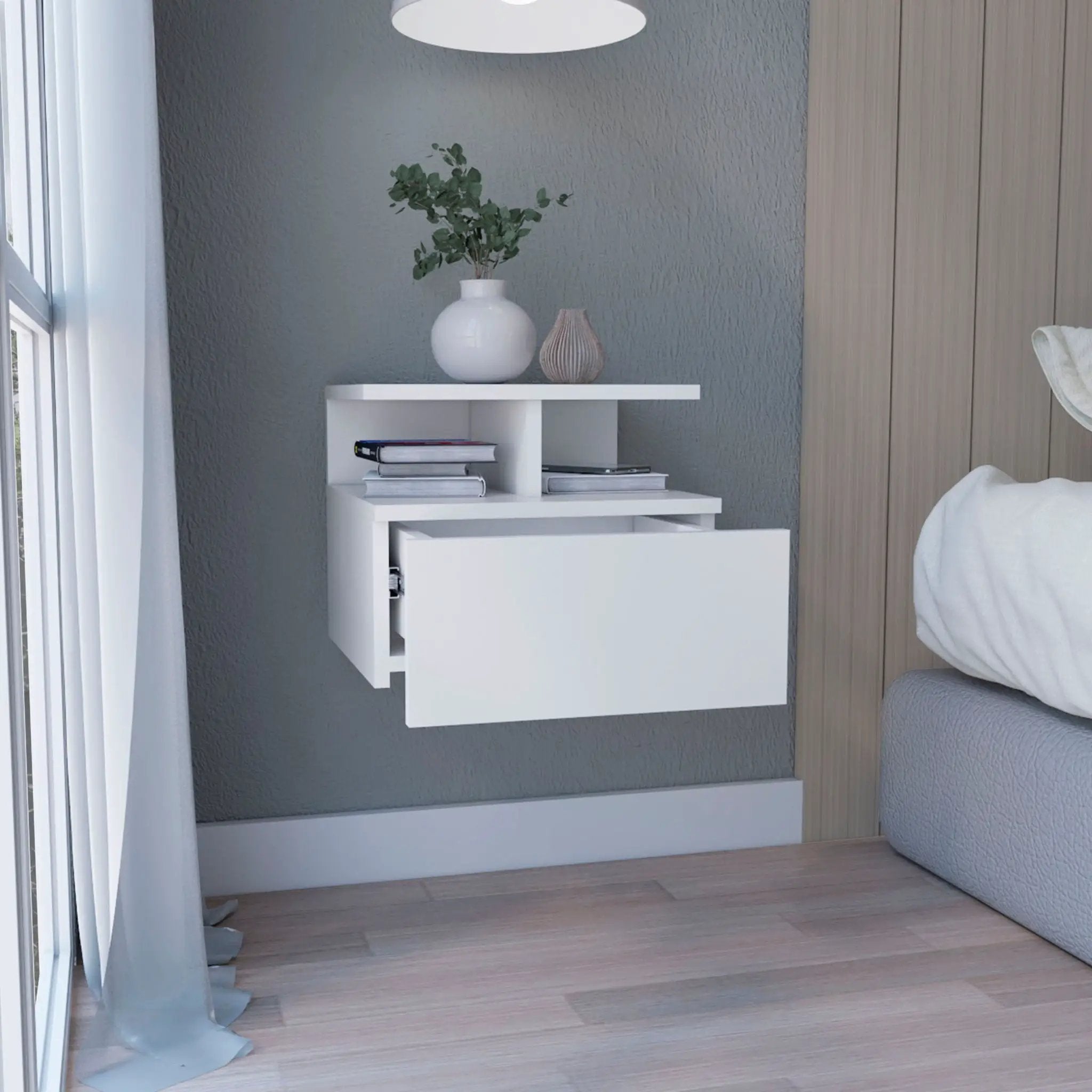 Floating Nightstand Wall Mounted With Single Drawer And 2 Tier Shelf - White by Unique Piece Furniture
