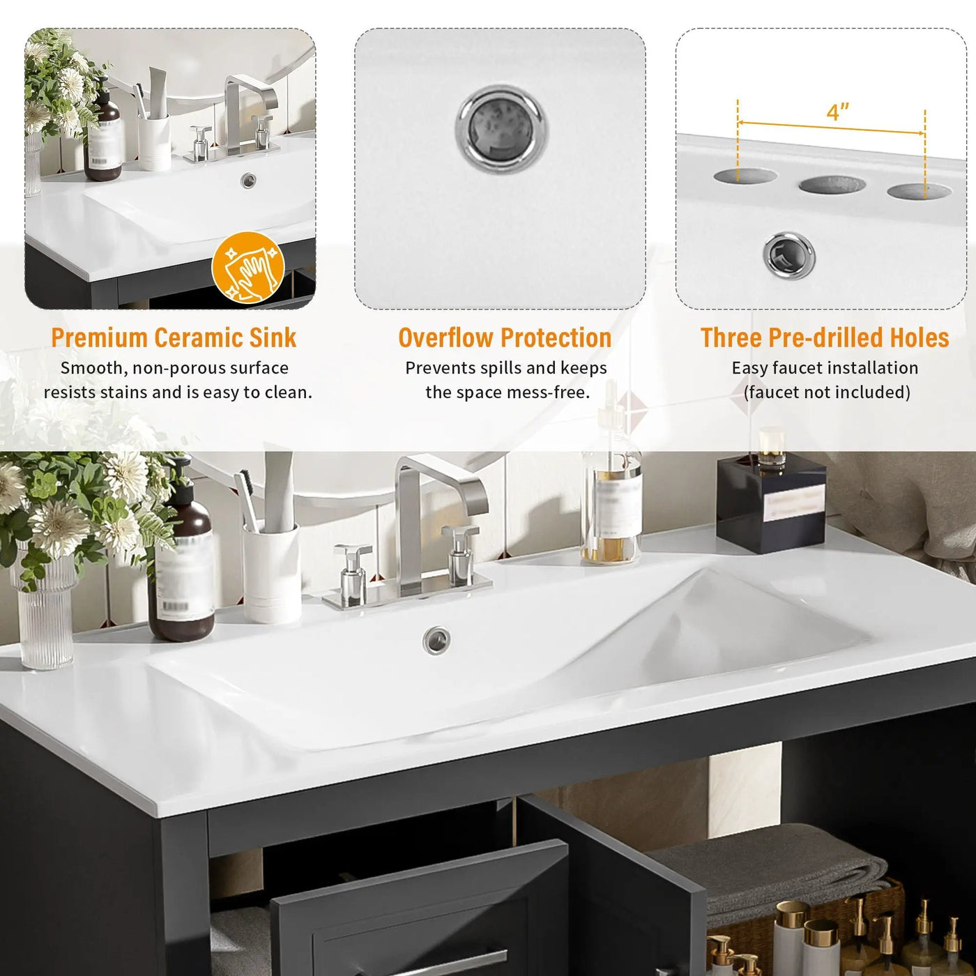 Bathroom Vanity With Sink, Soft Close Doors, Adjustable Shelf & 3 Drawers by Unique Piece Furniture