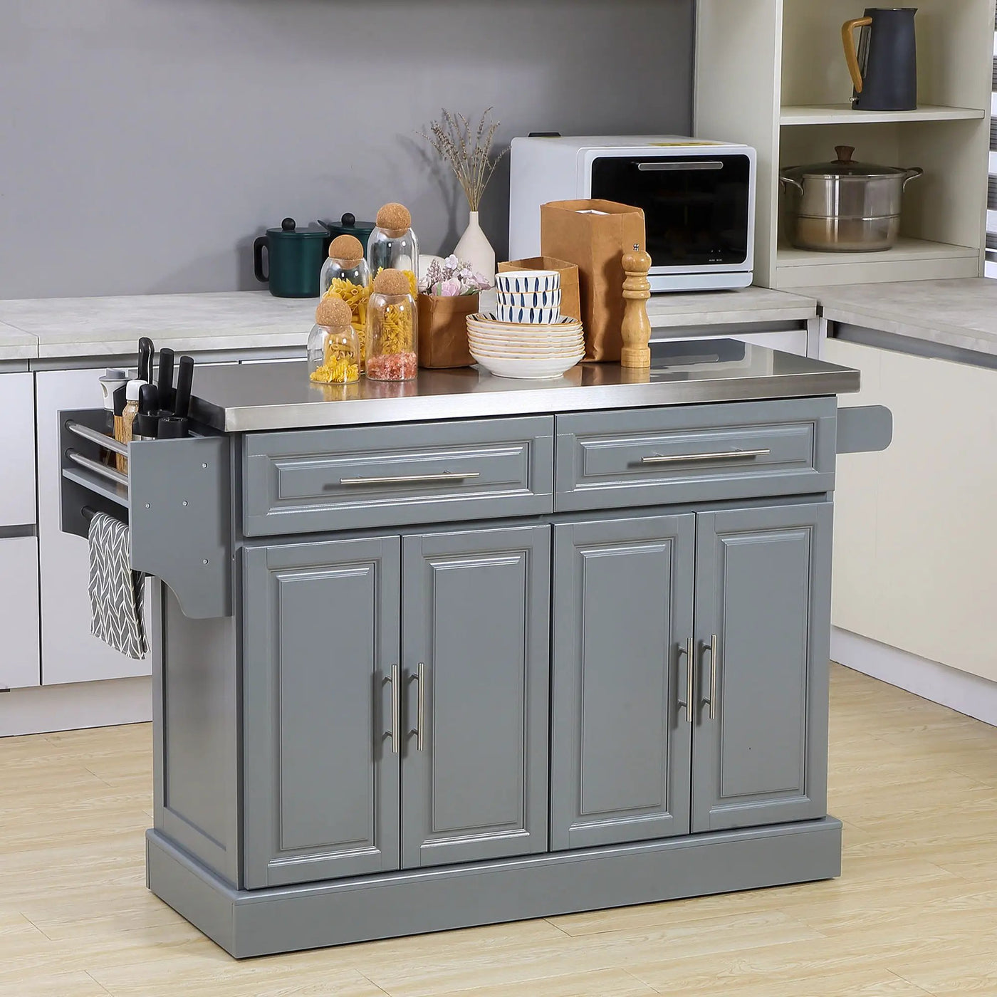 Homcom - Rolling Kitchen Island With Storage, Portable Kitchen Cart With Stainless Steel Top, 2 Drawers, Spice, Knife And Towel Rack And Cabinets by HouseOfZazla
