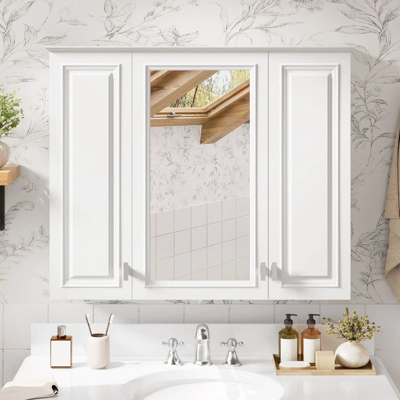 Wall Mounted Mirror Cabinet With 5 Adjustable Shelves, Rectangular Storage For Bathroom - White by HouseOfZazla