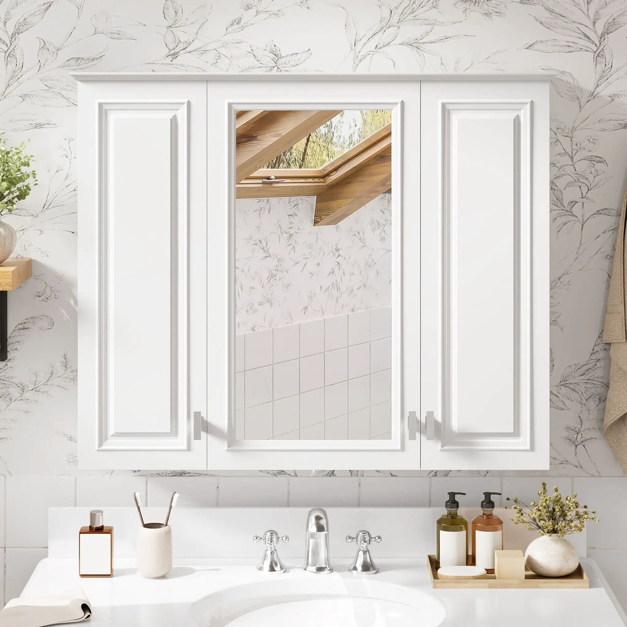 Wall Mounted Mirror Cabinet With 5 Adjustable Shelves, Rectangular Storage For Bathroom - White by Unique Piece Furniture