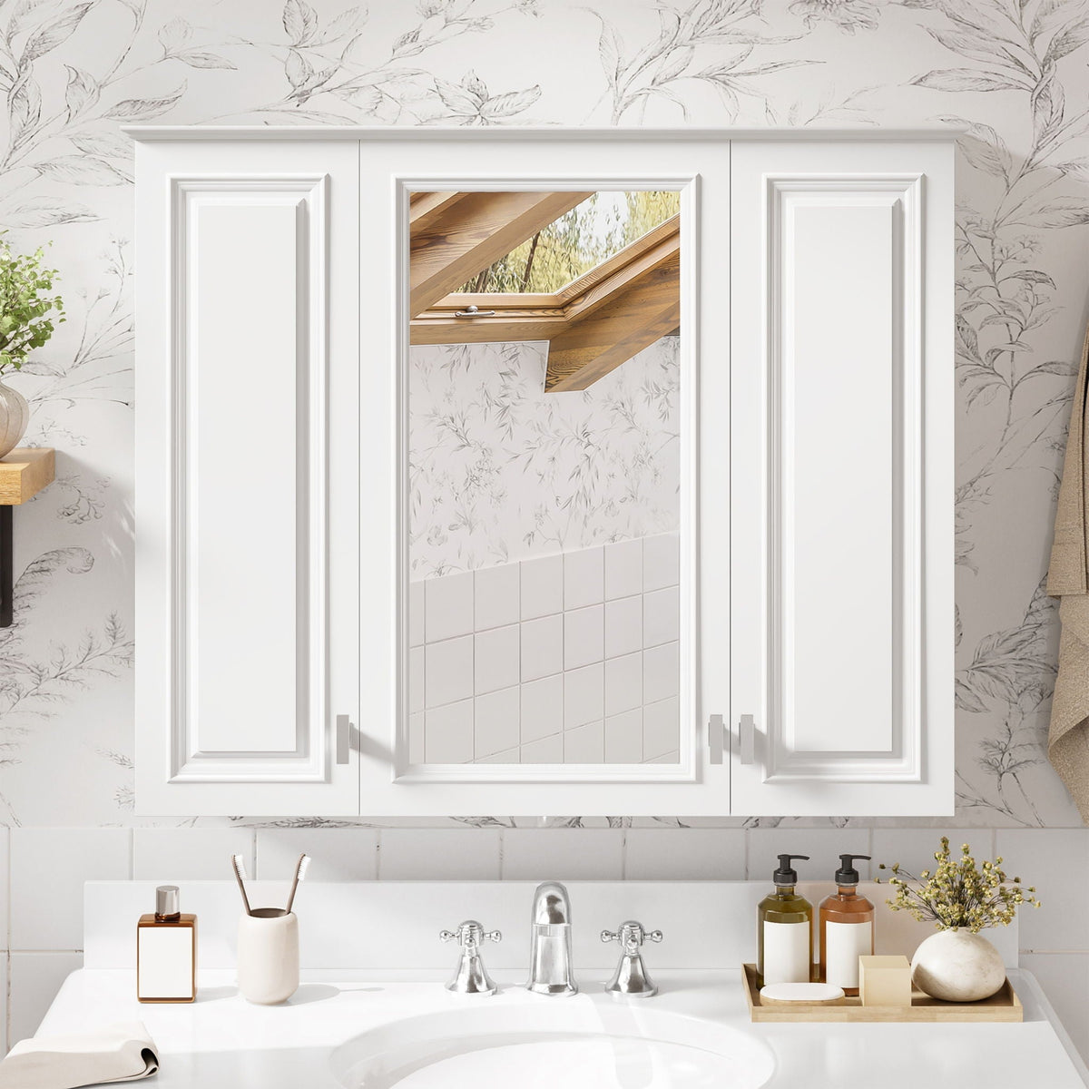 White Wall Mounted Mirror Cabinet with 5 Adjustable Shelves - Bathroom Storage, photo 4 of 15