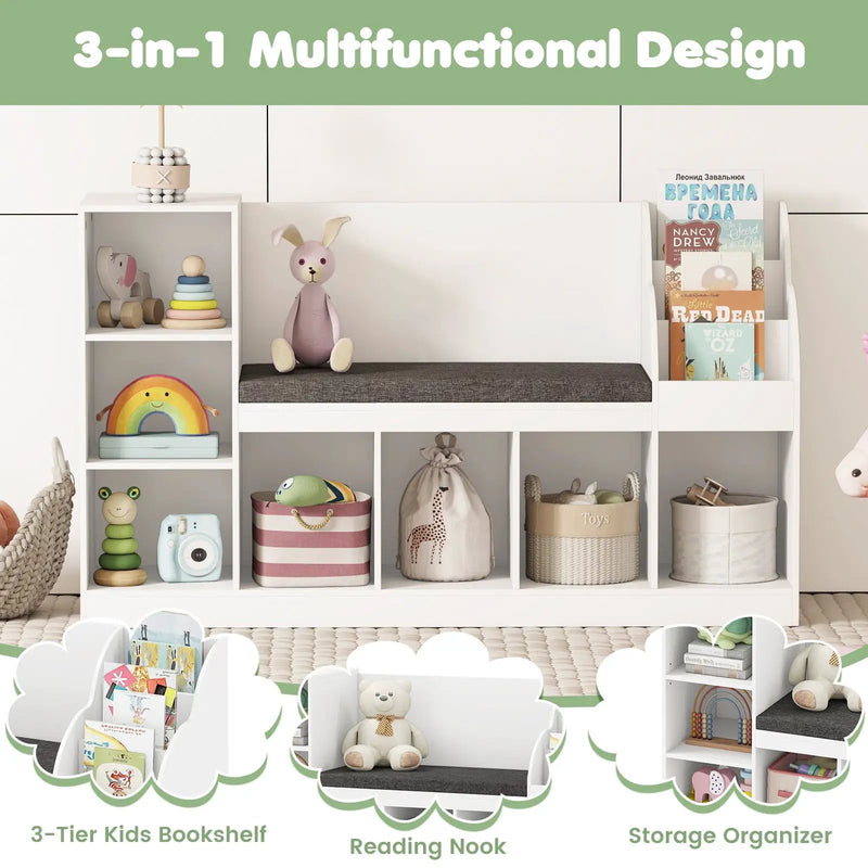 Kids Bookcase with Reading Nook 3-in-1 Standing Toy Organizer-White by DirectDeals