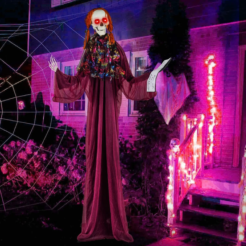 6 Feet Halloween Animatronic Standing Girl Holding Book with Sound-Activated Light-up Eyes and Moving Arms & Head by DirectDeals