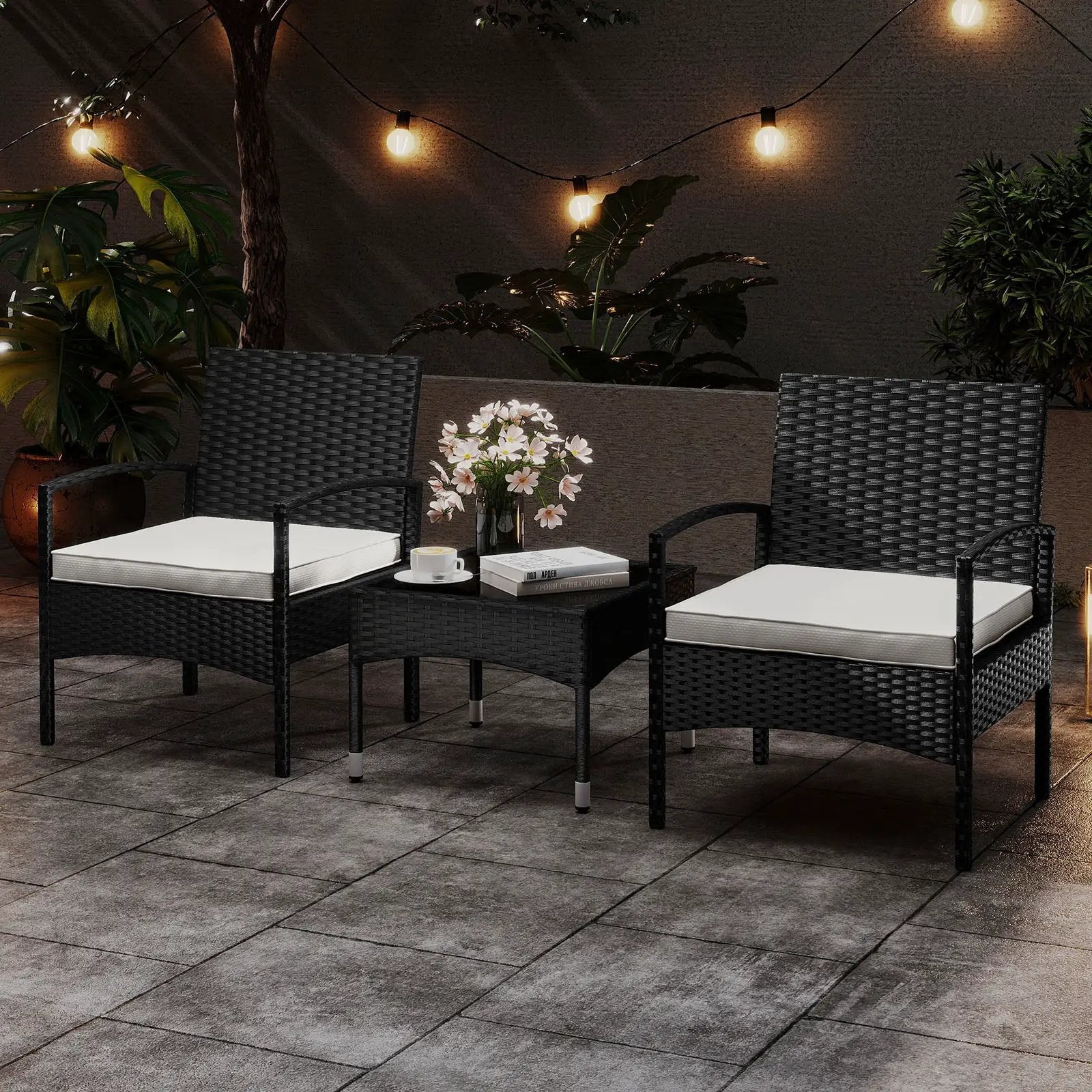 3-Piece Patio Furniture Set Rattan Bistro Chairs with Table-Beige by DirectDeals