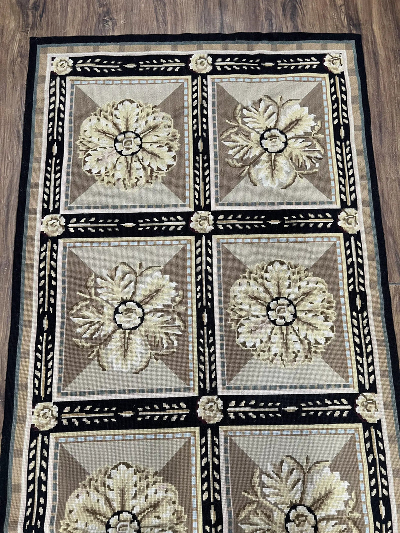 Needlepoint Runner Rug 3x8 Panel Design Rug, Flatweave Runner Rug, English Design, Floral, Short Runner Rug, Black and Beige Wool Hand-Woven by Jewel Rugs