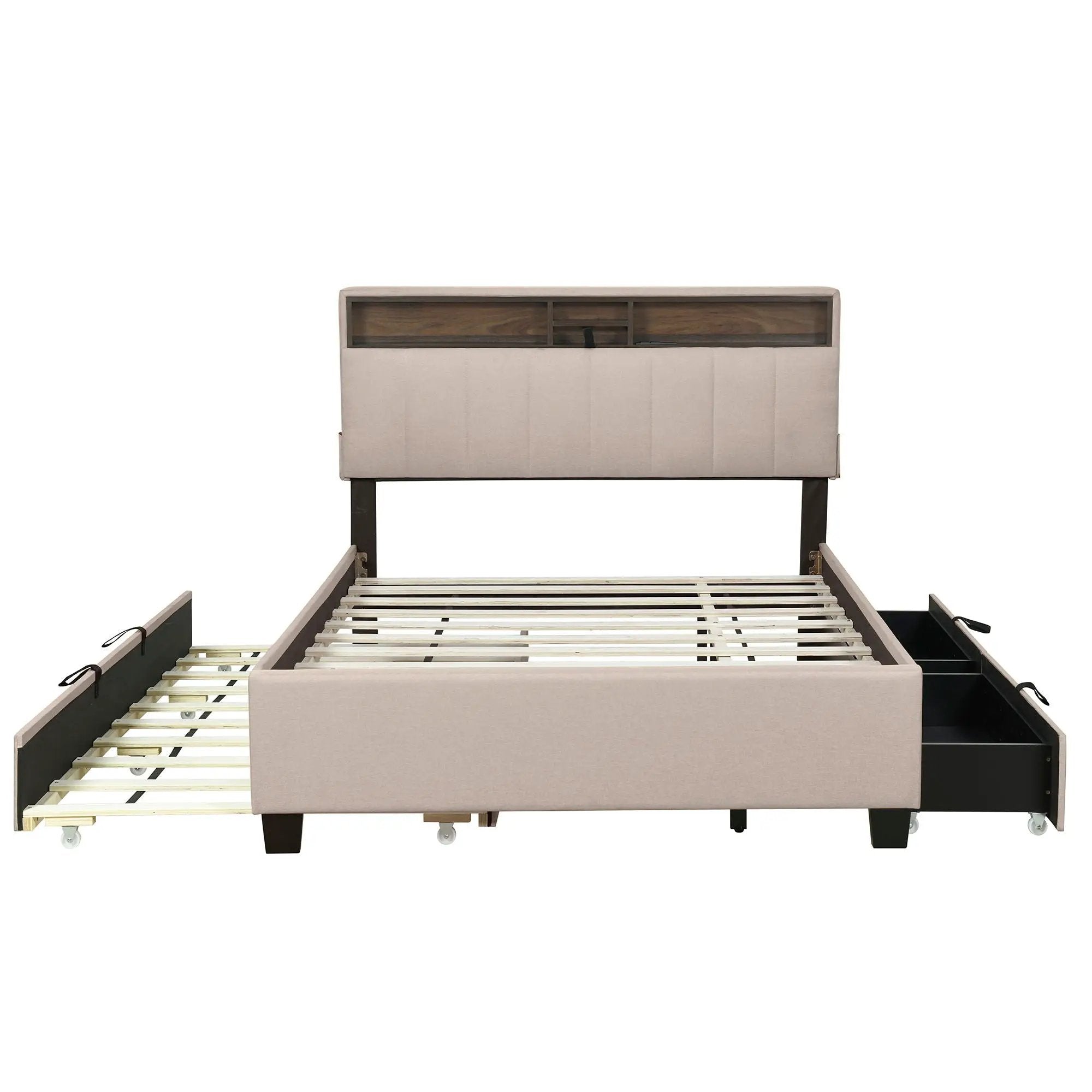 Upholstered Platform Bed With Storage Headboard, Trundle & 2 Drawers And A Set Of Sockets & USB Ports by HouseOfZazla