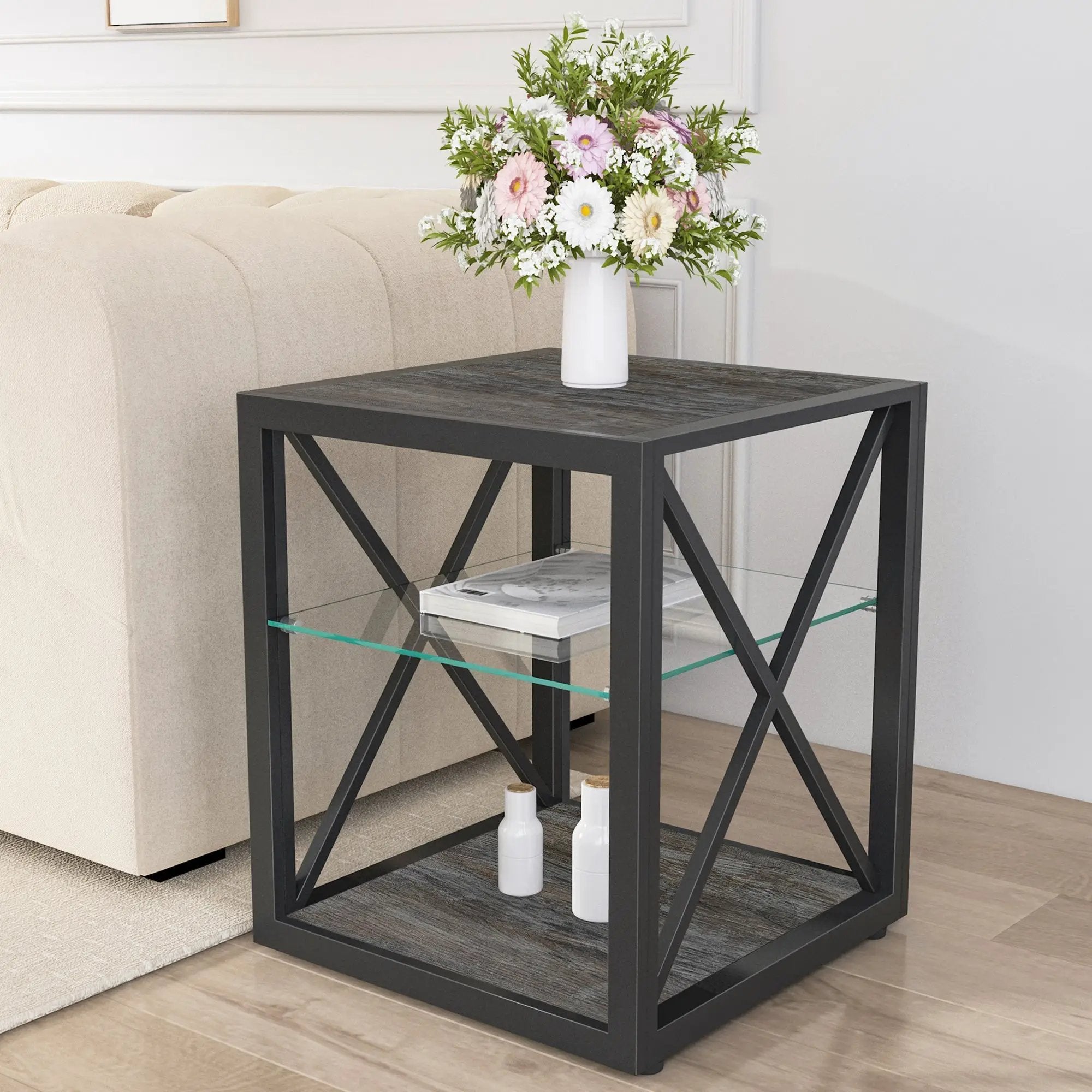 Modern End Table Nightstand with Tempered Glass & Wood Grain MDF by HouseOfZazla