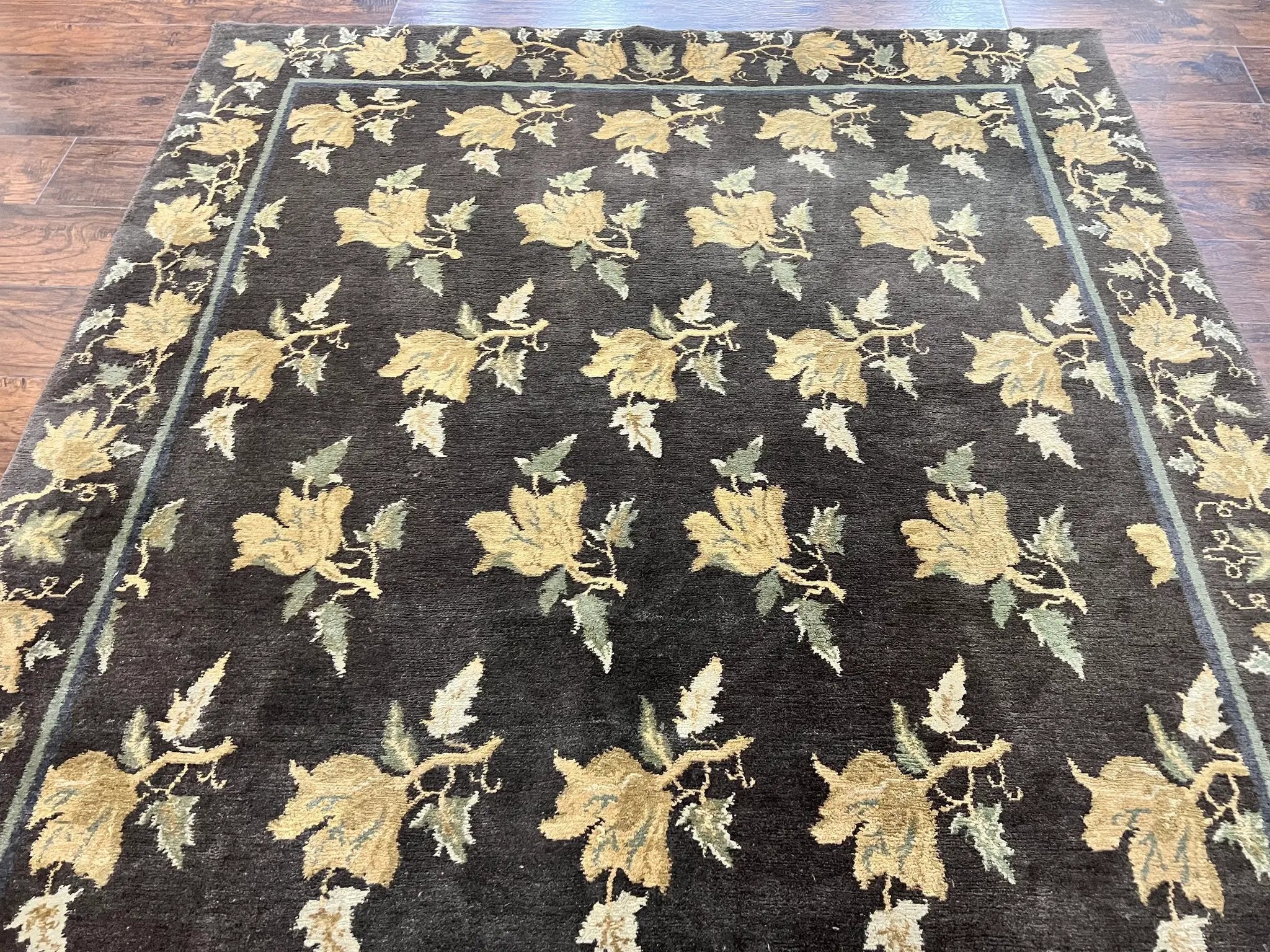 Tibetan Nepal Rug 6x9, Wool Hand Knotted Vintage Carpet 6 x 9, Dark Green & Golden Yellow, Floral Bouquets by Jewel Rugs