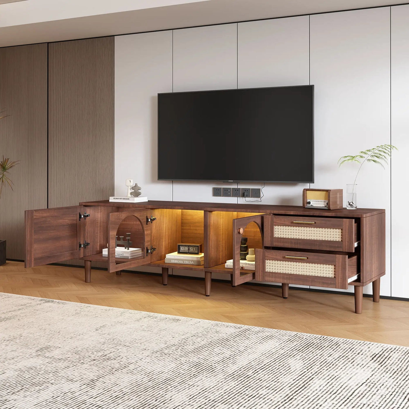 TV Stand With App-Controlled LED Lights, 2 Drawers & Door Storage by HouseOfZazla