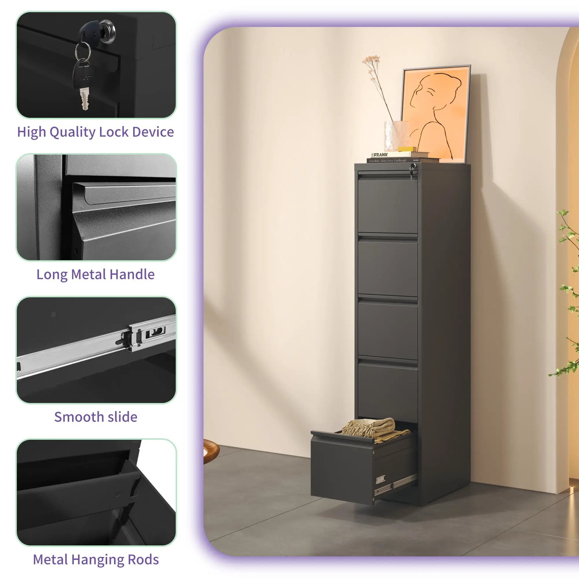 Steel Drawer Vertical File Cabinet With Lock For A4 Legal / Letter Size by Unique Piece Furniture