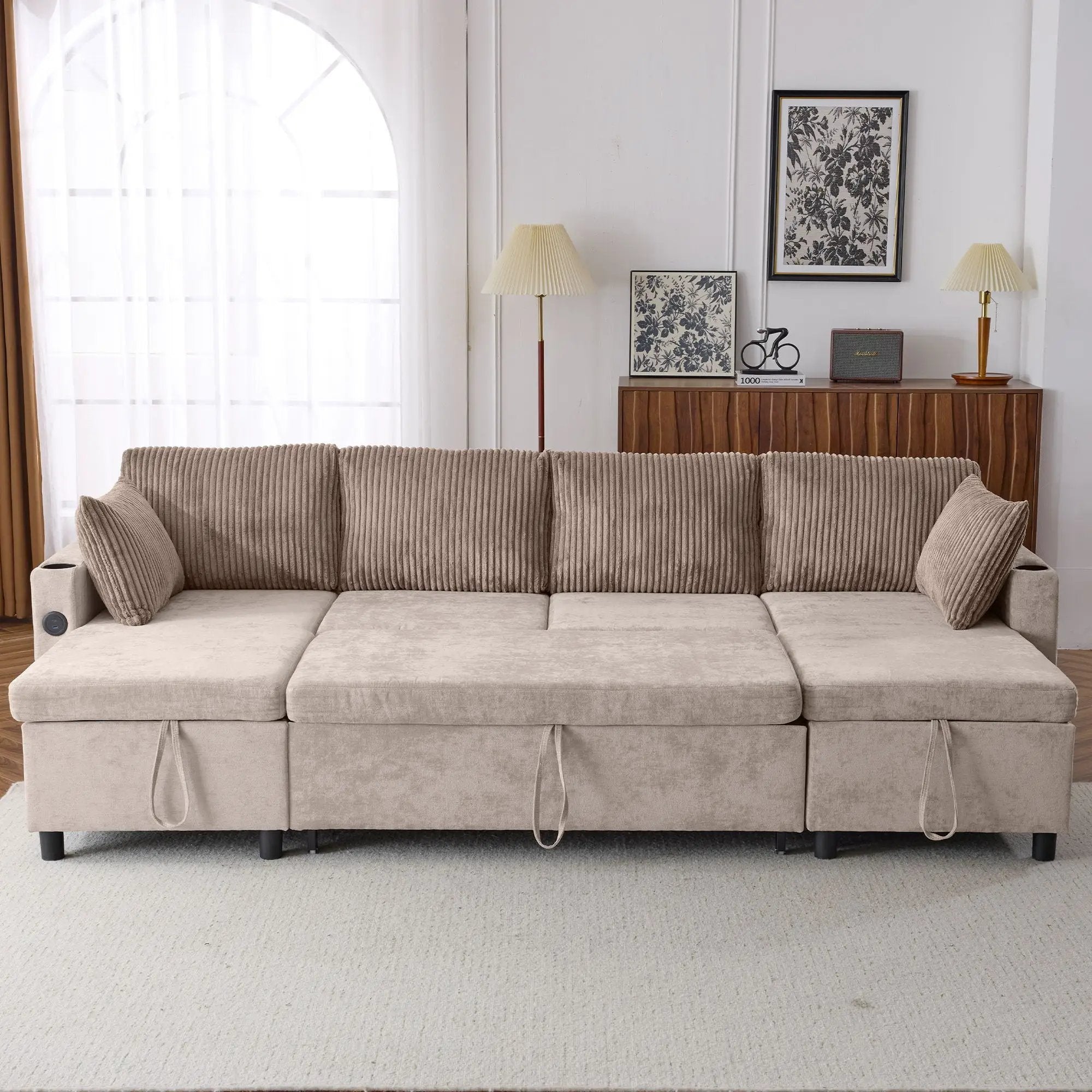 Sectional Sofa Bed With Pull Out Sleeper, USB Ports, Cup Holders by HouseOfZazla