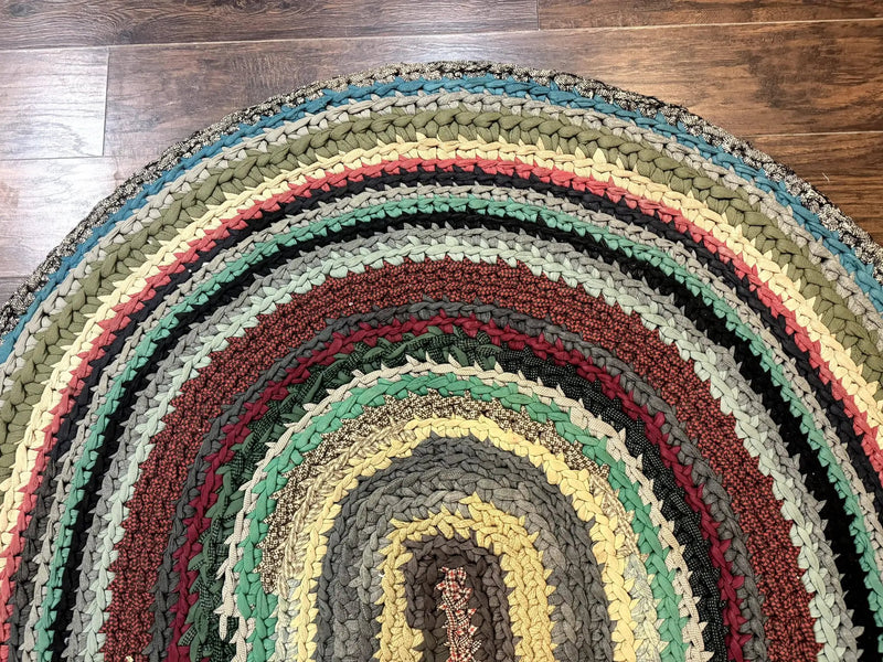 Antique American Braided Rug 5x7, Oval Multicolor Handmade Wool Braided Carpet by Jewel Rugs