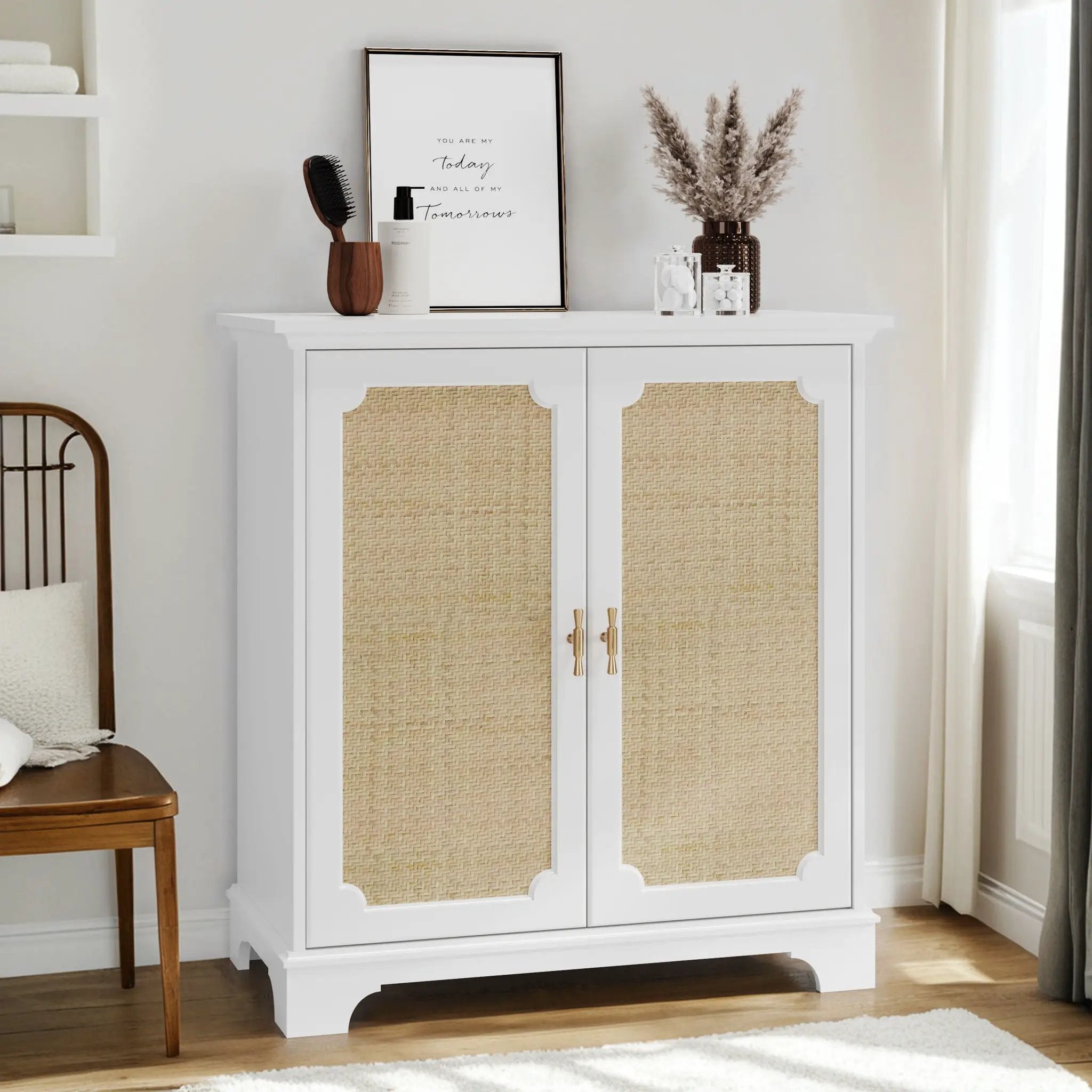 Rattan Decorated Sideboard Buffet Storage Liquor Cabinet - White by Unique Piece Furniture