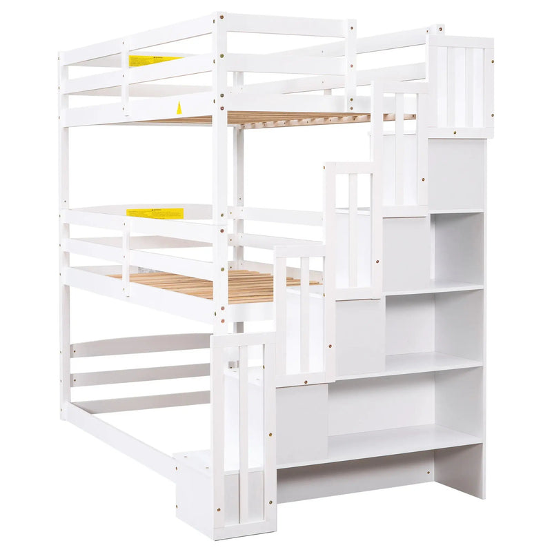 Twin Size Triple Bunk Bed With Storage Staircase, Separate Design - White by Unique Piece Furniture