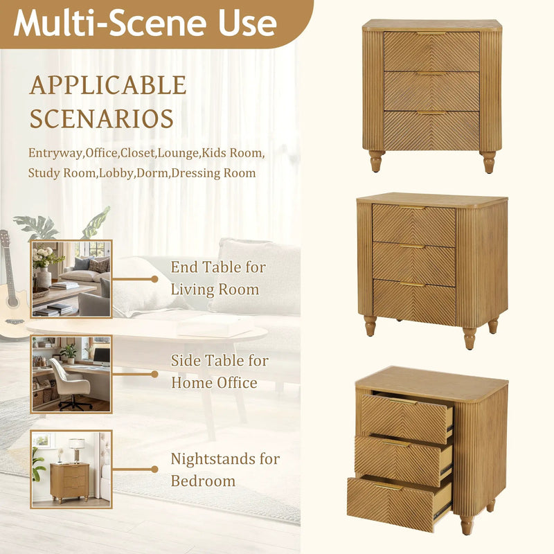 Mid-Century Fluted 3 Drawers Nightstand, Bedside Table with Curved Profile Design and Wide by HouseOfZazla