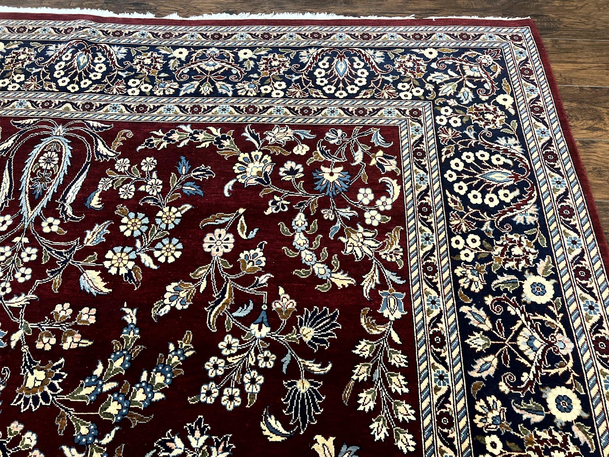 Indo Persian Sarouk Rug 9x12, Floral Allover, Dark Red & Navy Blue, Handmade Vintage Wool Carpet by Jewel Rugs