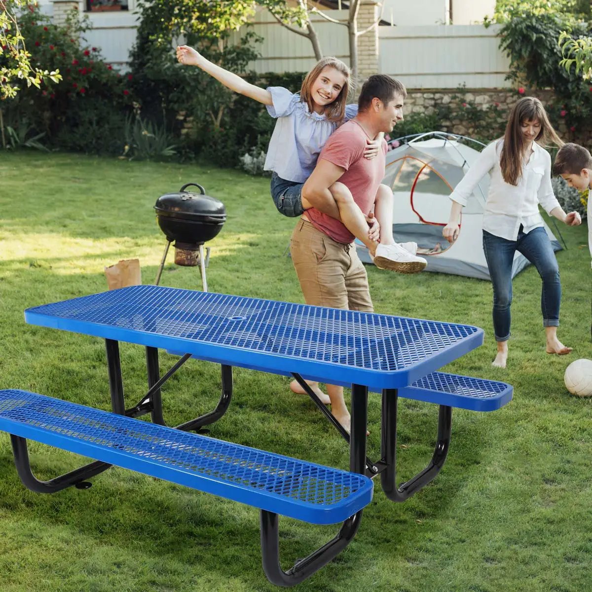 Outdoor Steel Picnic Rectangular Table With Umbrella Pole by Unique Piece Furniture