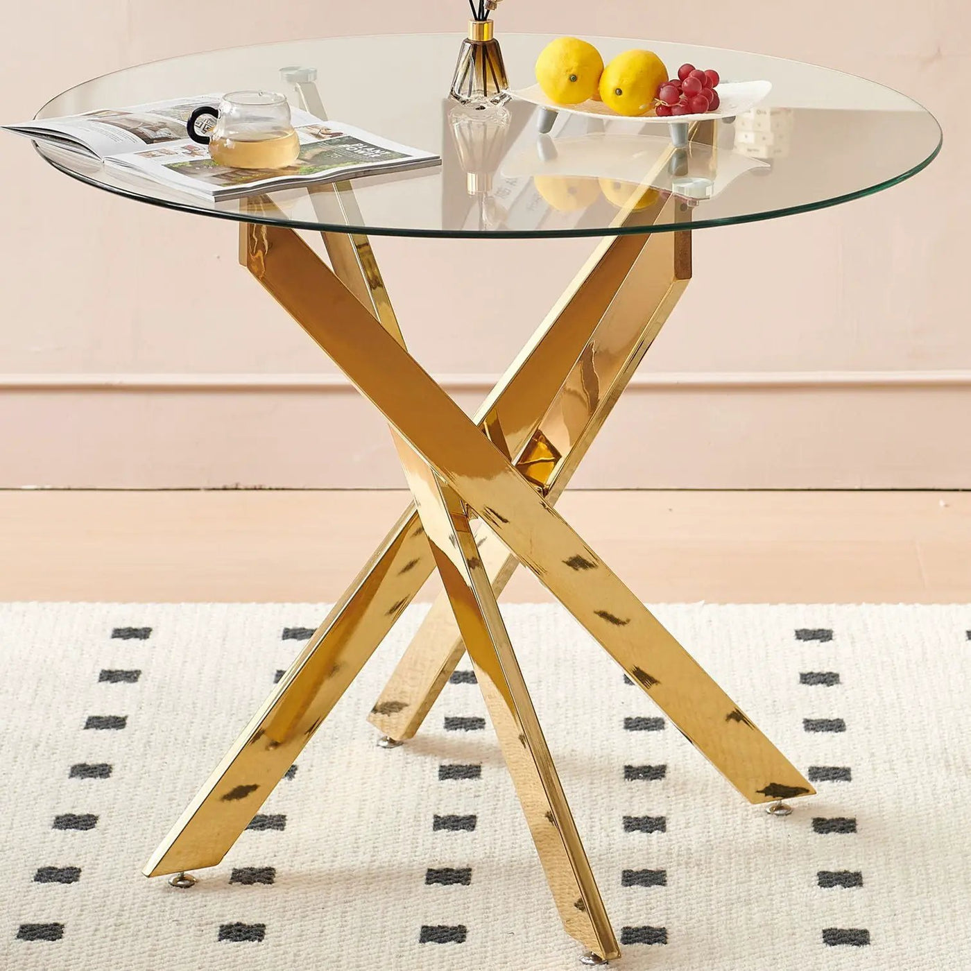 Dining Table With Cross Metal Leg And Tempered Glass, Modern Space Saving Kitchen Table For Living Room by HouseOfZazla
