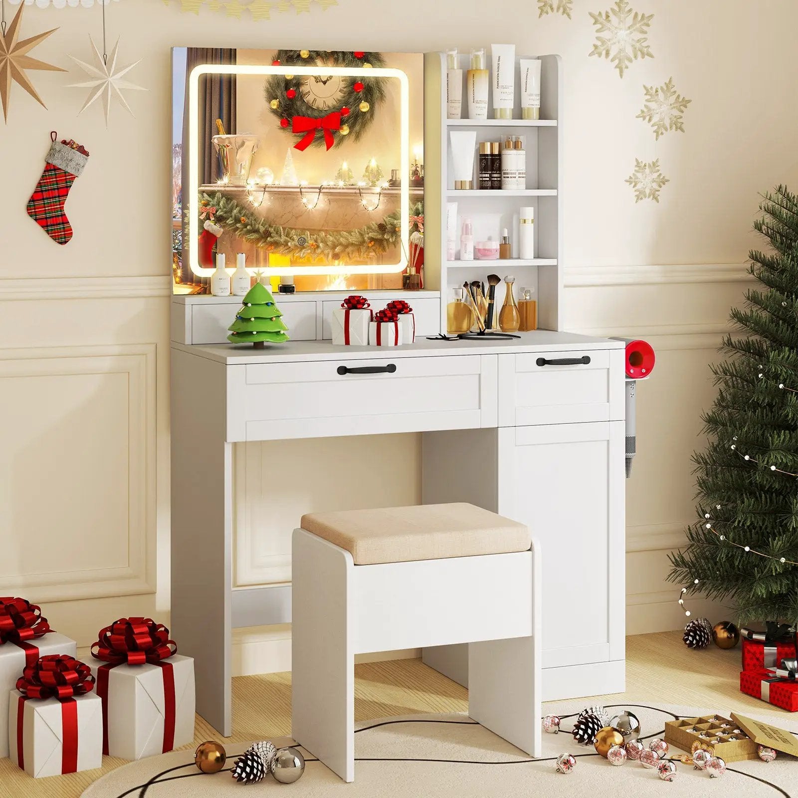 Vanity Set with Mirror and 3 Lighting Modes and Adjustable Brightness-White by DirectDeals