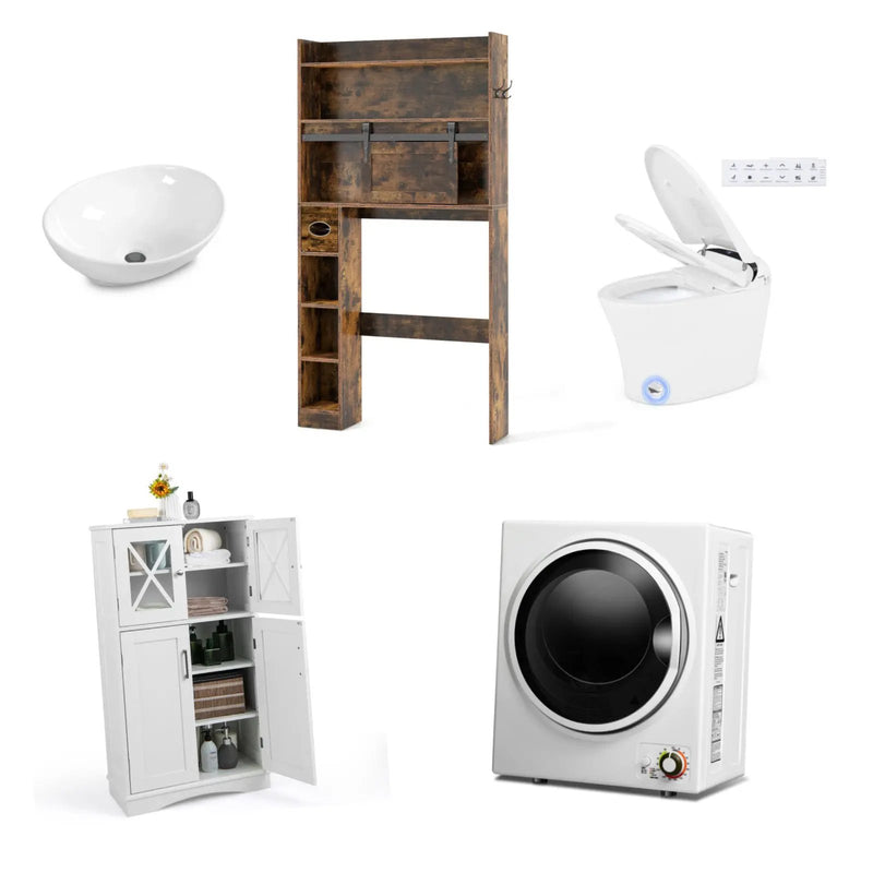 5-Piece Modern Bathroom Suite: Over The Toilet Cabinet + Smart Toilet Bidet + Oval Sink + Floor Cabinet + Clothes Dryer by DirectDeals