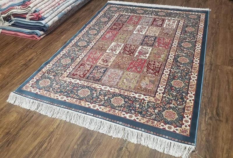 Silk Carpet 4x6 Blue, Panel Design, Four Seasons Pattern, Super Fine & Soft, Bamboo Silk, 4 x 6 Oriental Area Rug, High Quality, New Rug by Jewel Rugs
