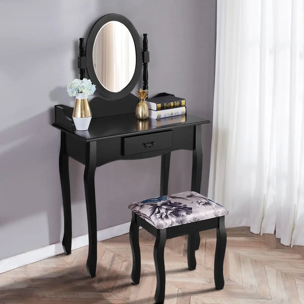 Wooden Vanity Makeup Set with Cushioned Stool and Oval Rotating Mirror by DirectDeals