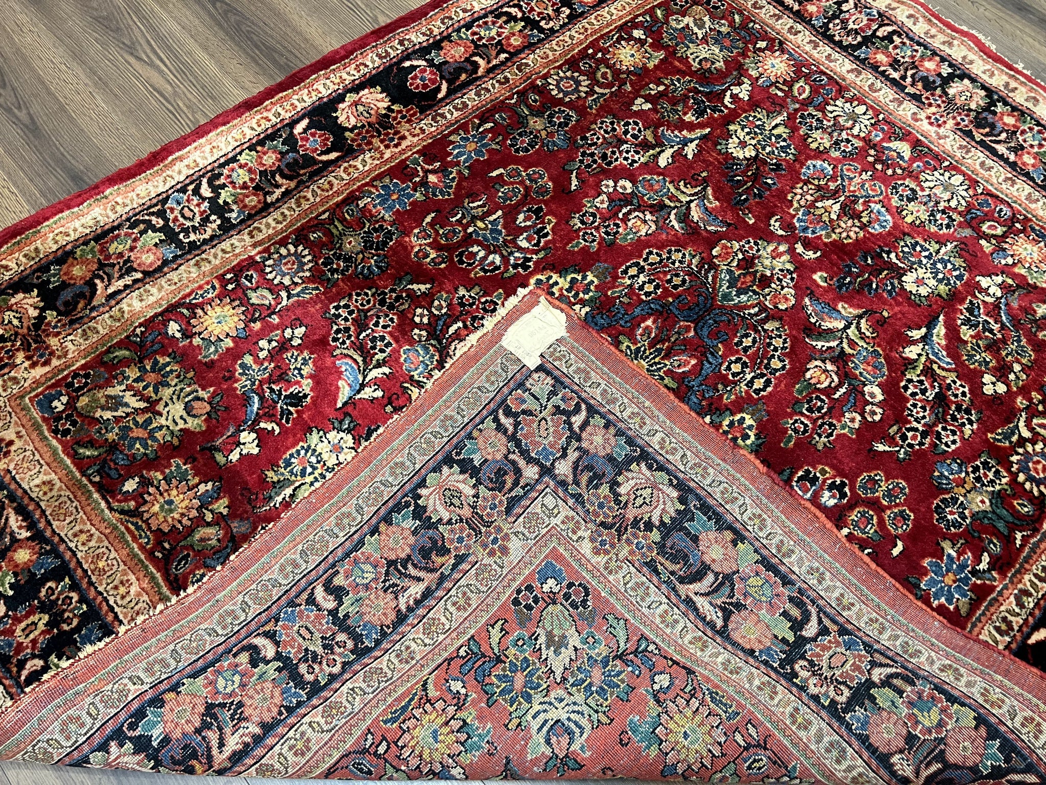 Persian Sarouk Rug 5x6, Hand Knotted Antique 1920s Sarouk, Red Navy Blue by Jewel Rugs