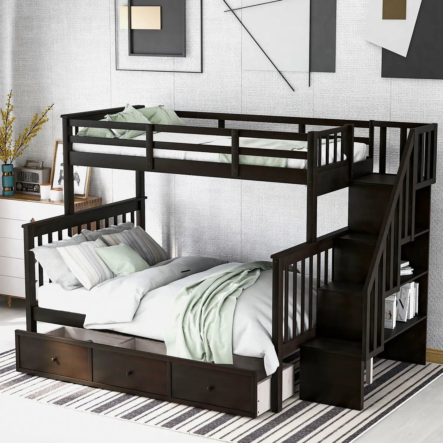 Stairway Bunk Bed With Storage And Guard Rail For Bedroom by HouseOfZazla