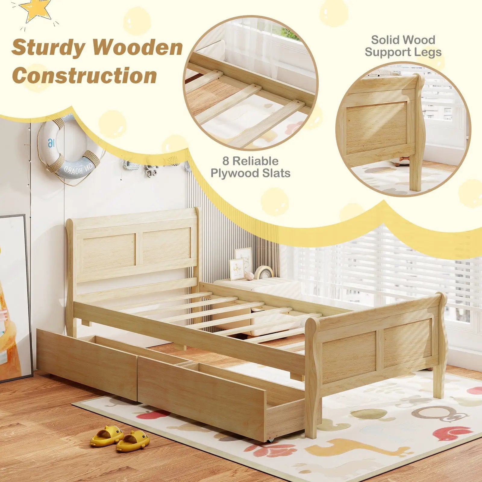 Twin Size Sleigh Bed with 2 Storage Drawers Wood Platform Bed Frame by DirectDeals