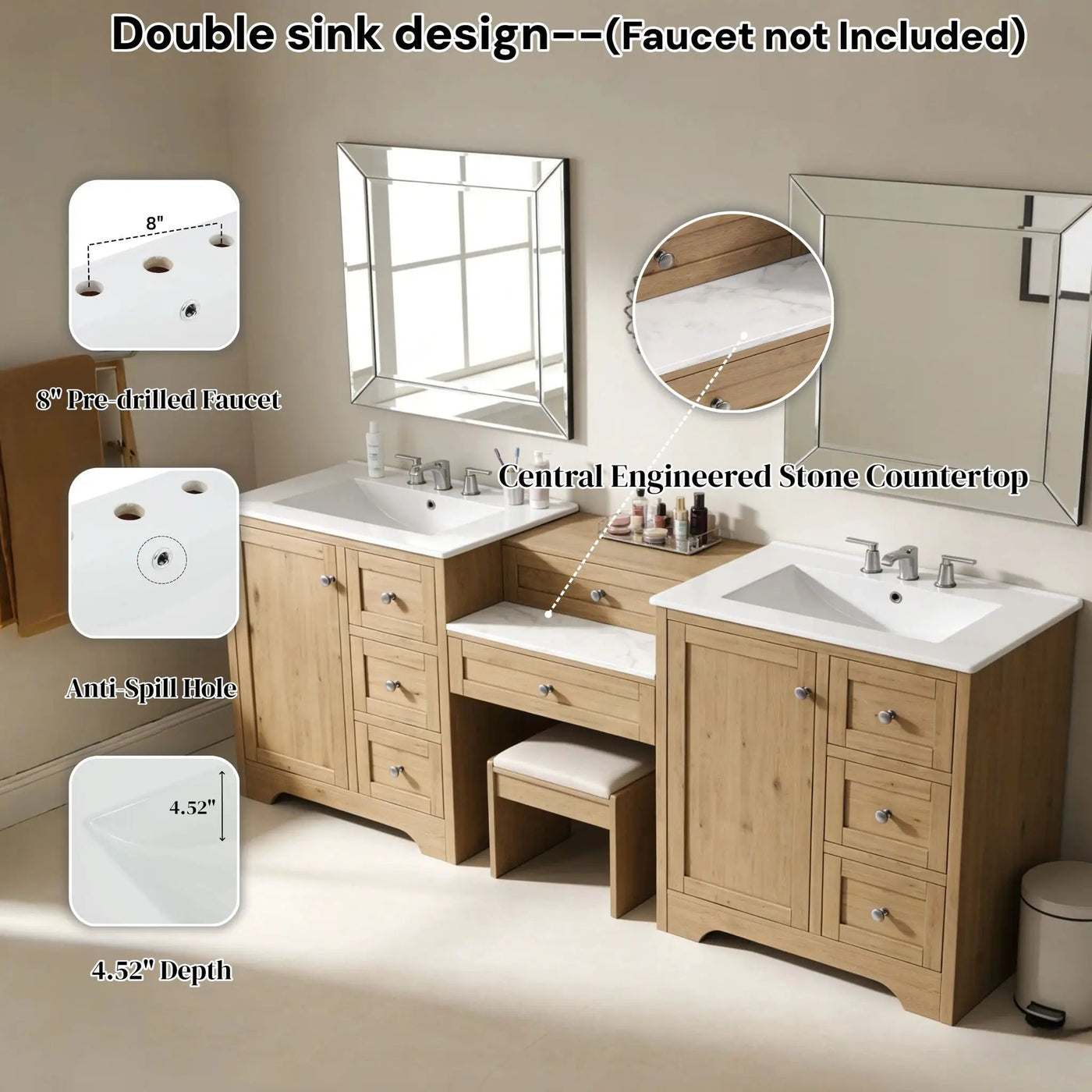 Double Sink Bathroom Vanity With Countertop, 2 Ceramic Sinks, 6 Drawers by HouseOfZazla