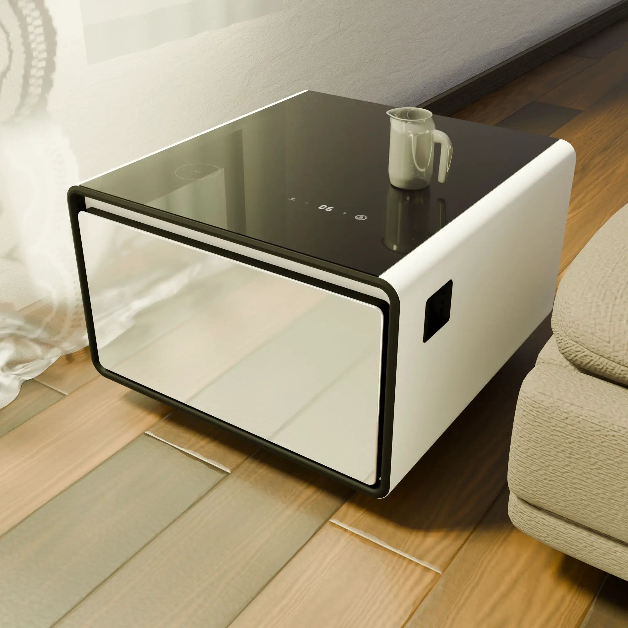 Modern Smart Side Table With Built-In Fridge, Wireless Charging, Temperature Control, Power Socket, USB Ports, Outlet Protection, Induction Light by Unique Piece Furniture
