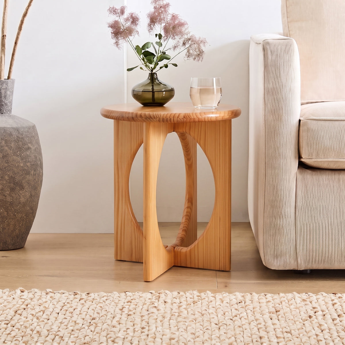 Natural Pine Wood Round End Table with Geometric Legs - Natural