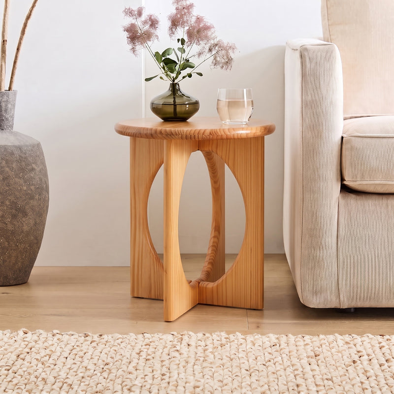 Natural Pine Wood Round End Table with Geometric Legs - Natural
