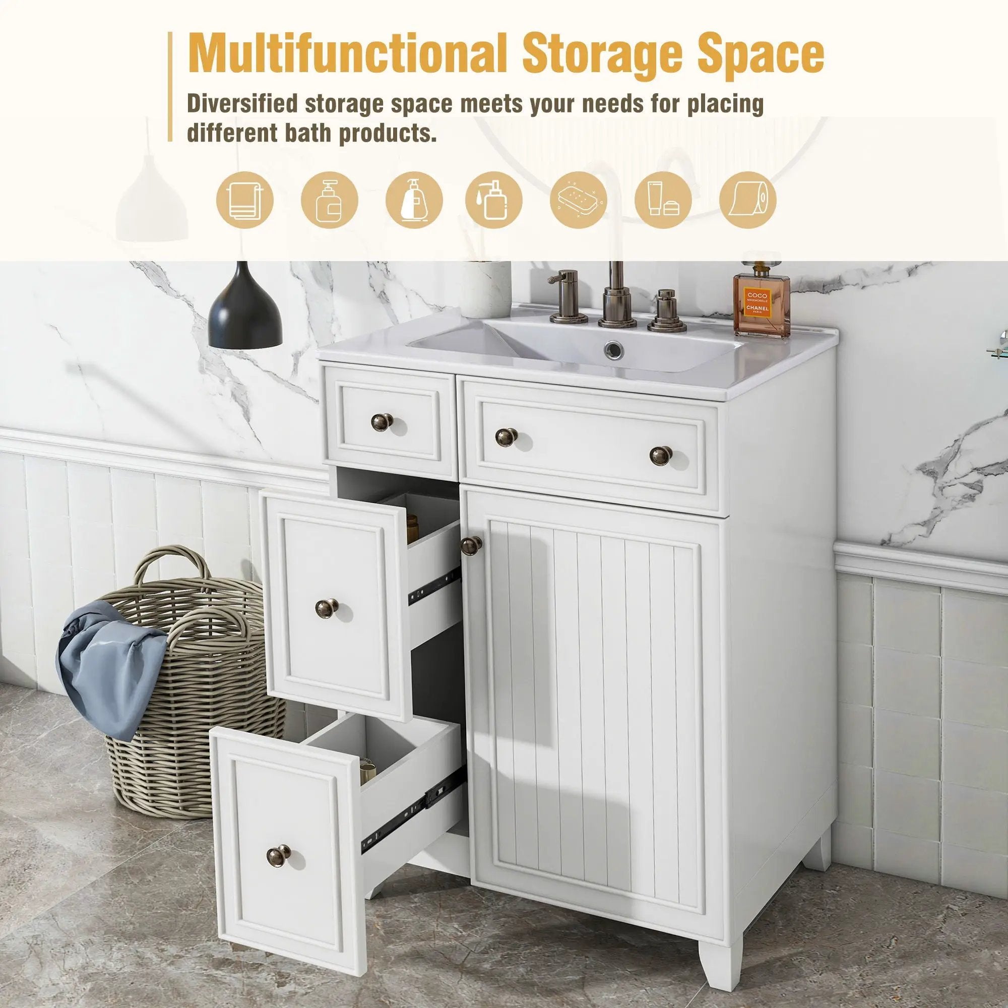 Transitional Style Bathroom Vanity Cabinet With Ceramic Sink by Unique Piece Furniture